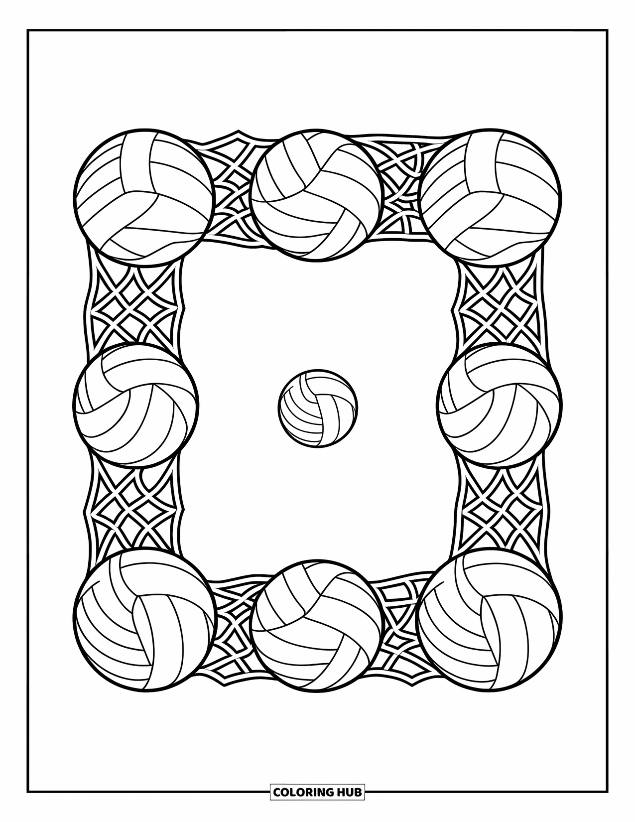 Volleyball Coloring Page for Adults: A decorative net frame circles one volleyball in a clean, bold design