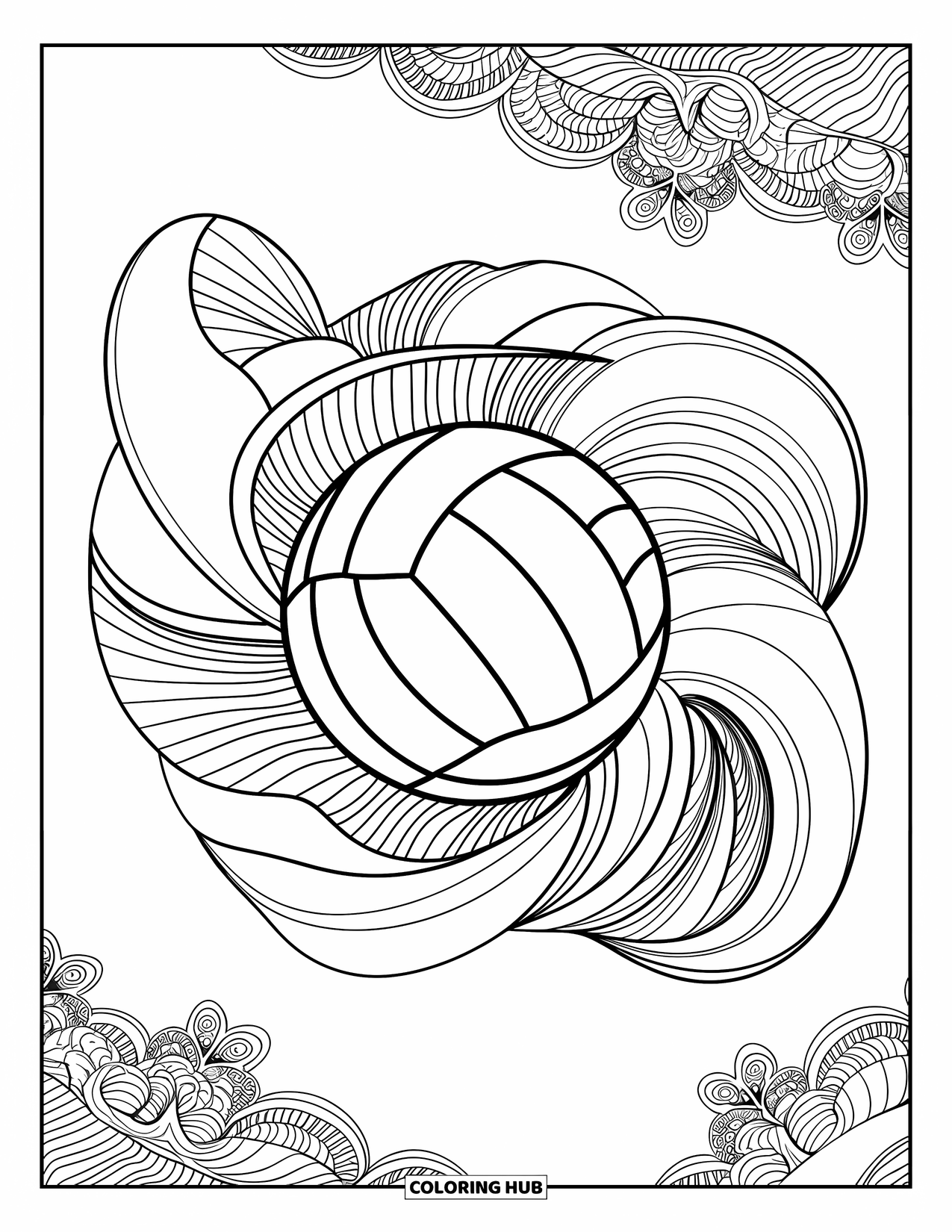 Volleyball Coloring Page for Adults: A detailed volleyball design with swirling patterns and floral borders all around