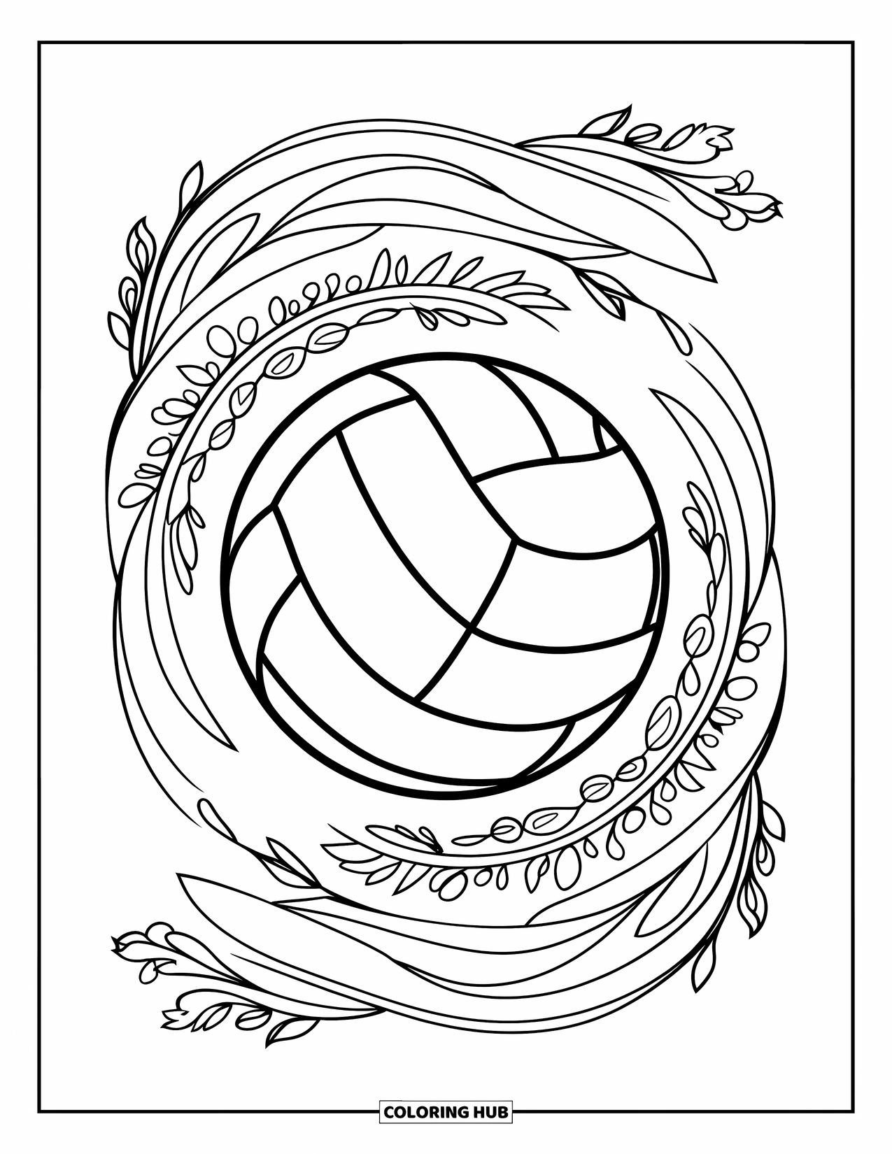 Volleyball Coloring Page for Adults: A detailed volleyball sits at the center, surrounded by swirling lines and floral borders