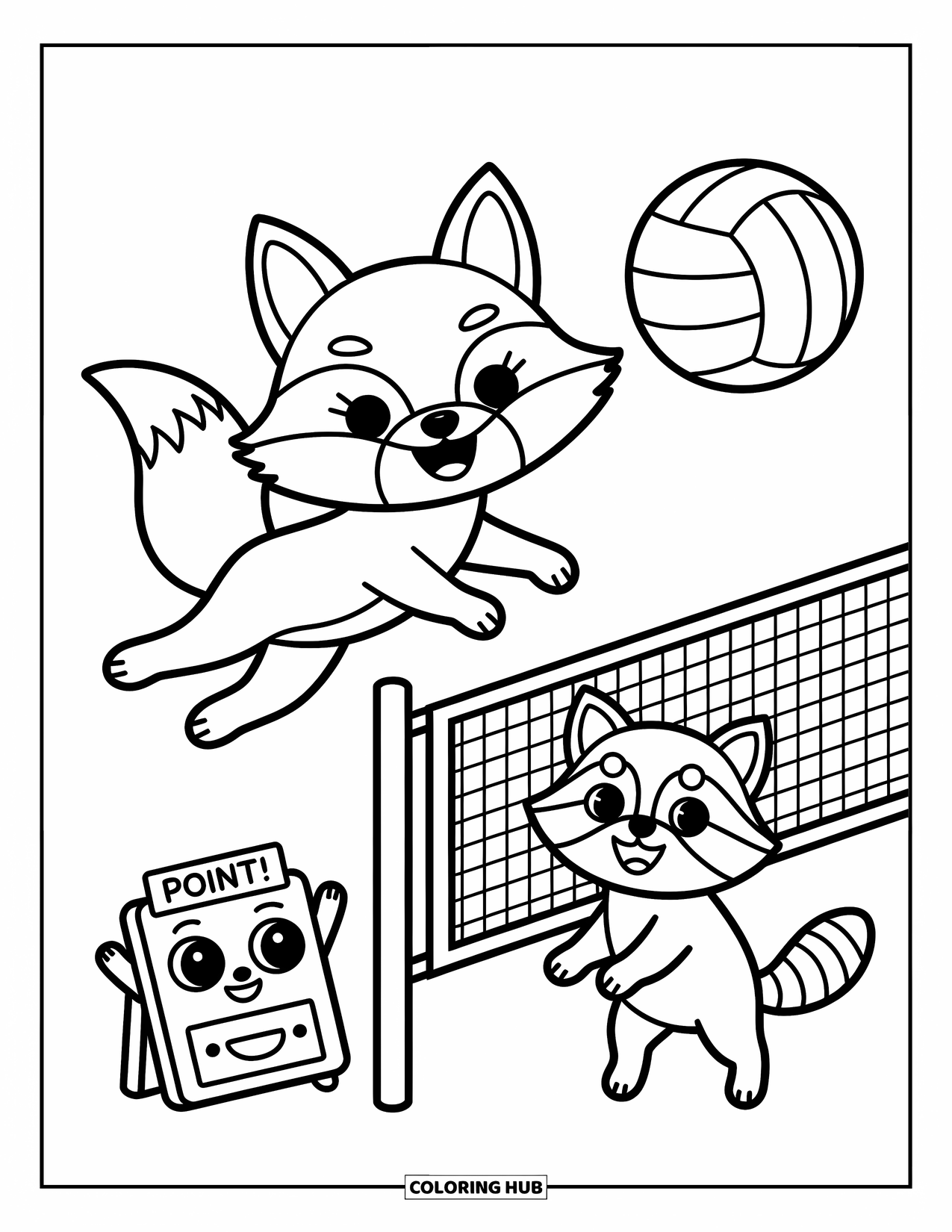 Volleyball Coloring Page for Adults: A determined fox blocks a raccoon's spike while a smiling scoreboard celebrates the point