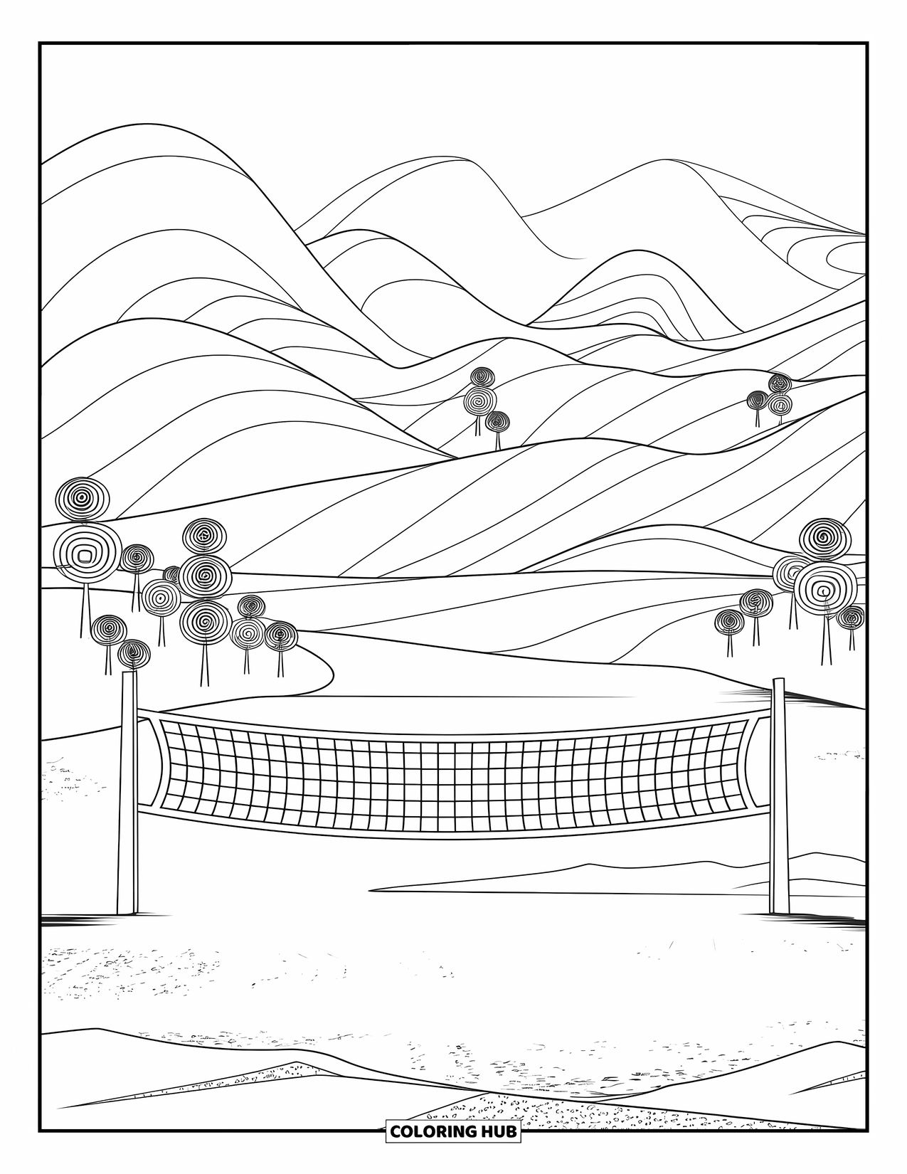 Volleyball Coloring Page for Adults: A peaceful net sits before patterned hills, spiral trees, and a wide, open path