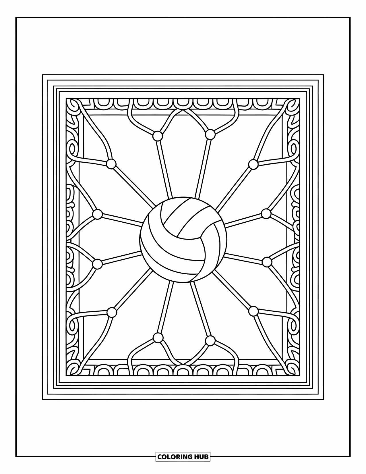 Volleyball Coloring Page for Adults: A single volleyball sits inside a net-pattern frame with no extra background elements