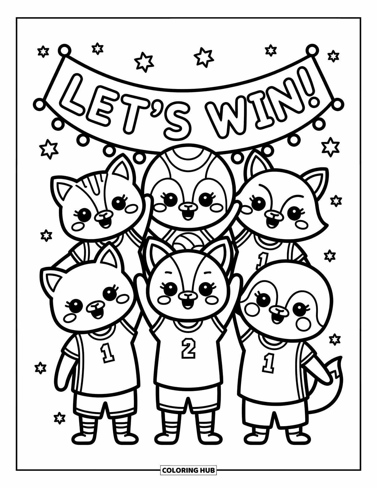 Volleyball Coloring Page for Adults: A team of cute animals huddles excitedly under a starry "Let's Win!" banner