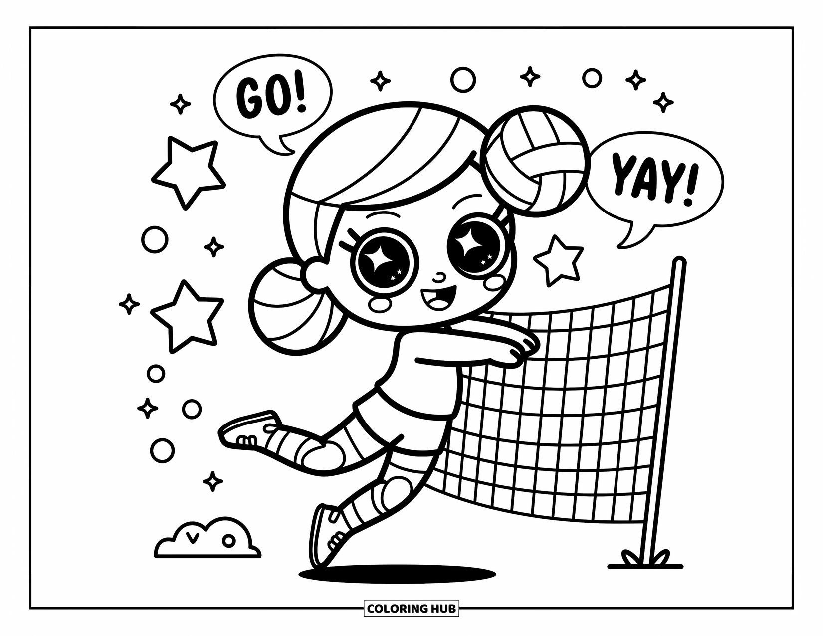 Volleyball Coloring Page for Adults: A tiny volleyball player jumps to spike the ball as stars float and a net smiles nearby