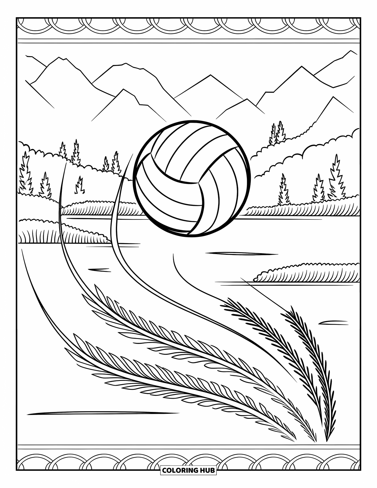Volleyball Coloring Page for Adults: A volleyball floats midair with motion lines and feathered trails over a peaceful landscape