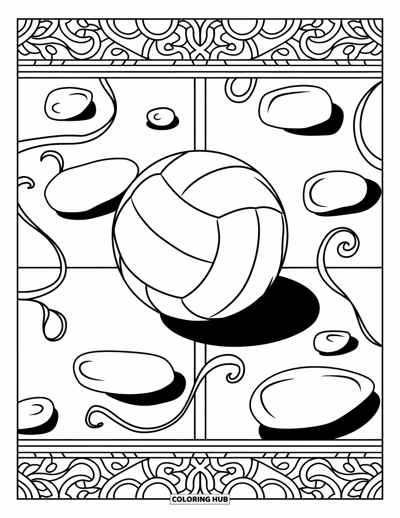 Volleyball Coloring Page for Adults: A volleyball rests among pebbles and curling vines in a calm, decorative court