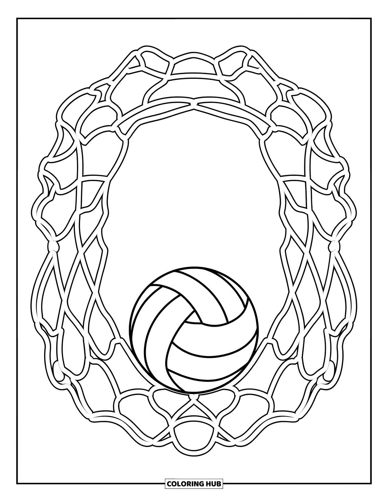 Volleyball Coloring Page for Adults: A volleyball rests in the center of a clean, net-like frame with no details beyond