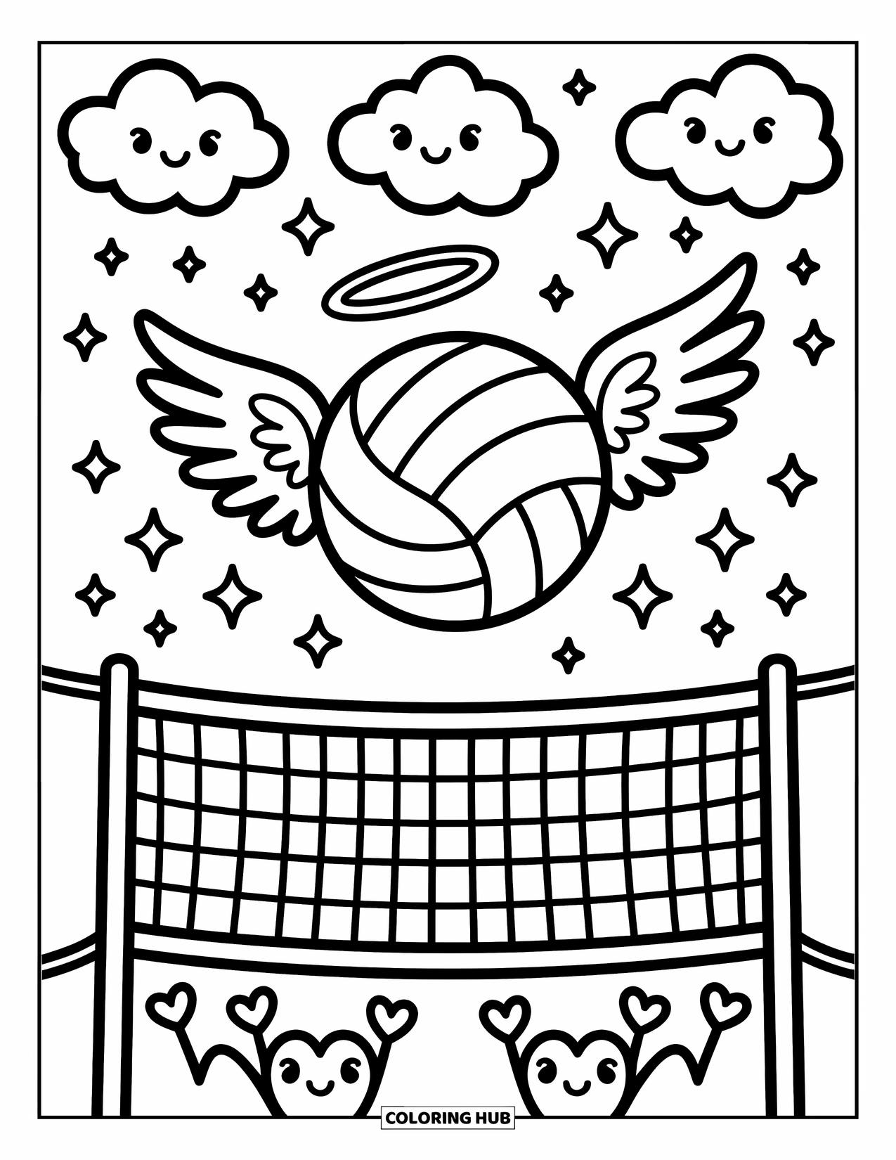 Volleyball Coloring Page for Adults: Angel-winged volleyball floats over a blushing net, surrounded by stars and clouds