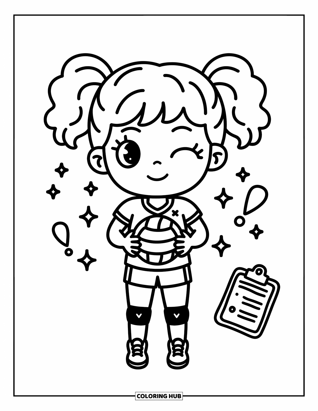Volleyball Coloring Page for Adults: Chibi volleyball girl winks with a ball in hand, surrounded by sparkles and a doodled clipboard