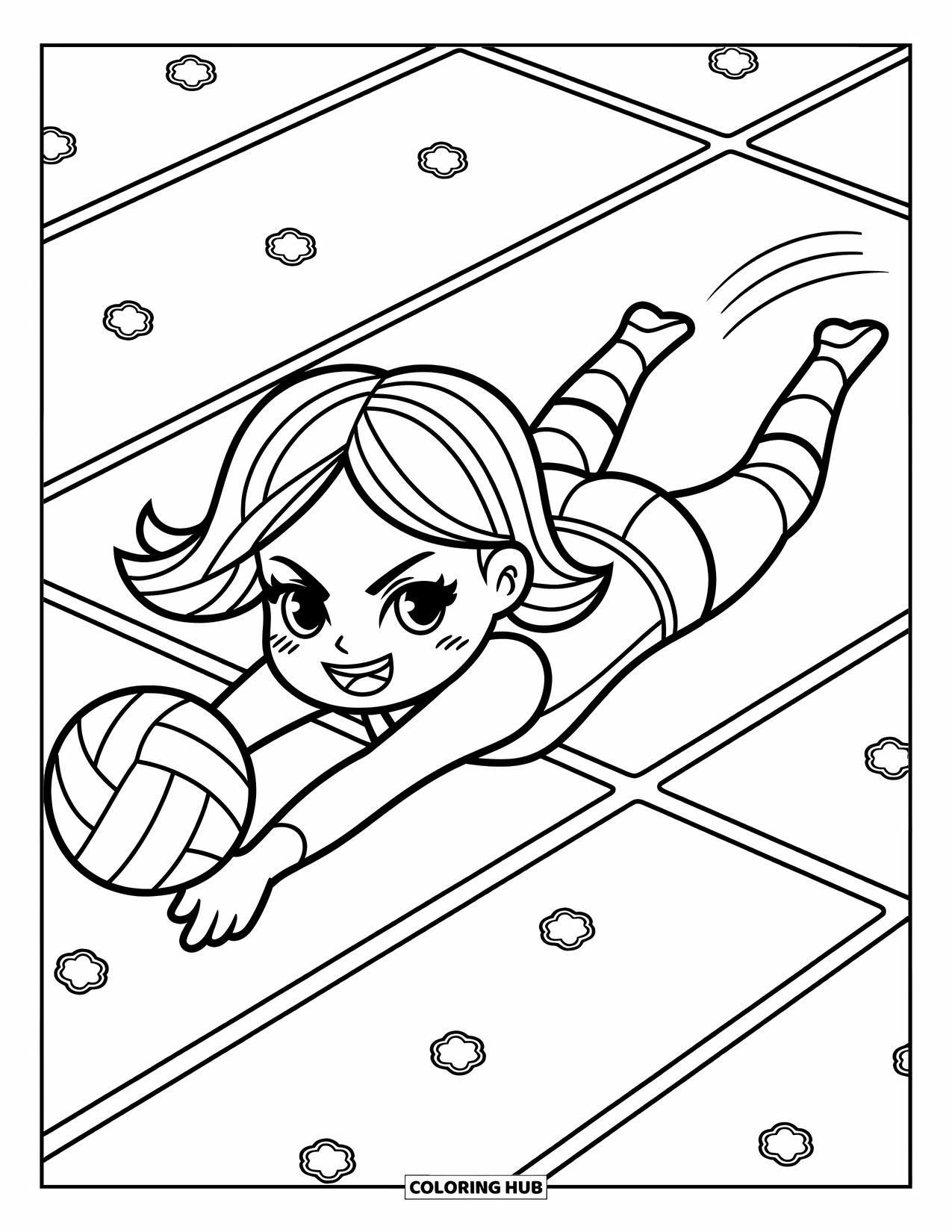 Volleyball Coloring Page for Adults: Fierce chibi player dives for the ball on a starry, whimsical volleyball court
