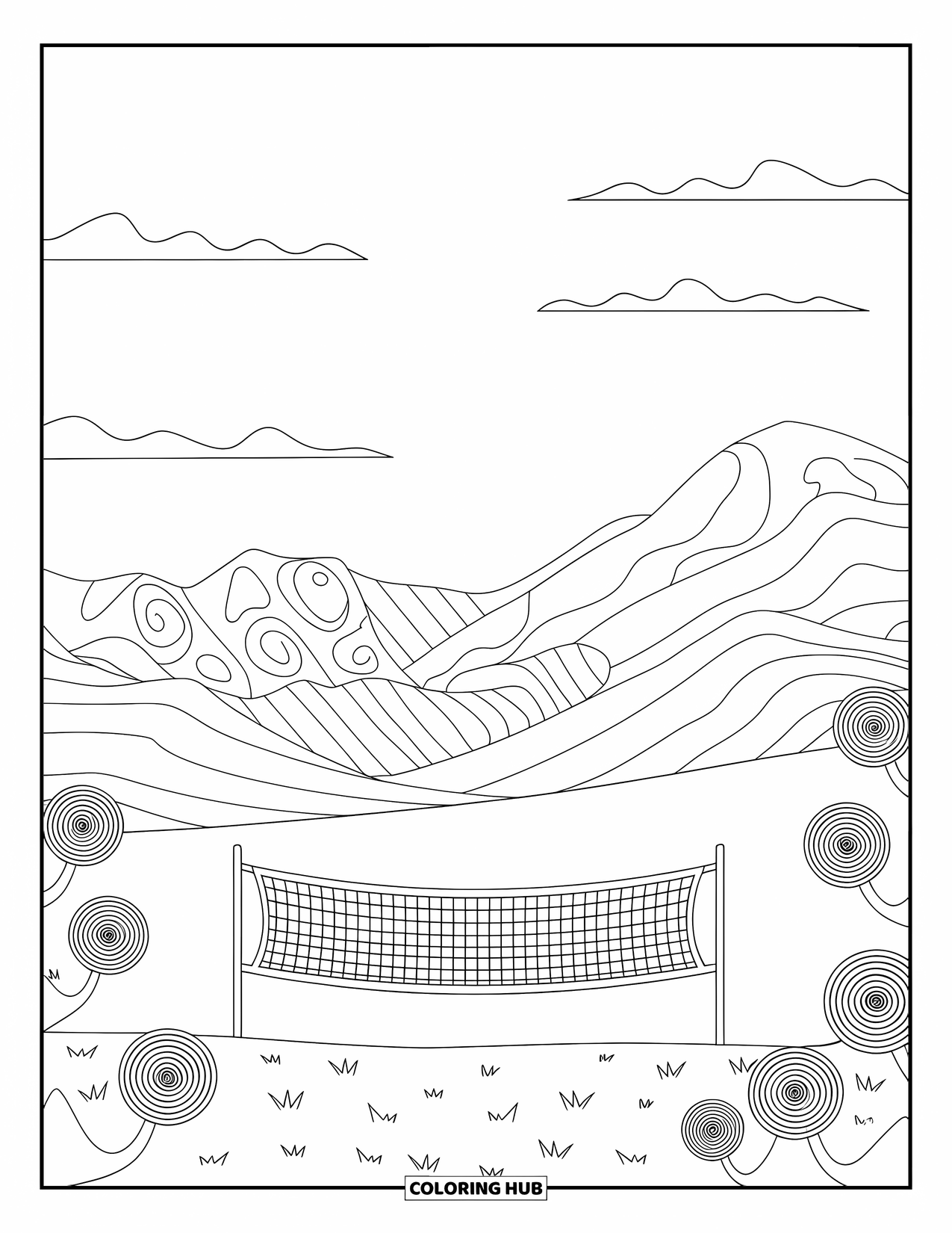 Volleyball Coloring Page for Adults: Flowing mountains and spiral trees frame a volleyball net on a quiet grassy field