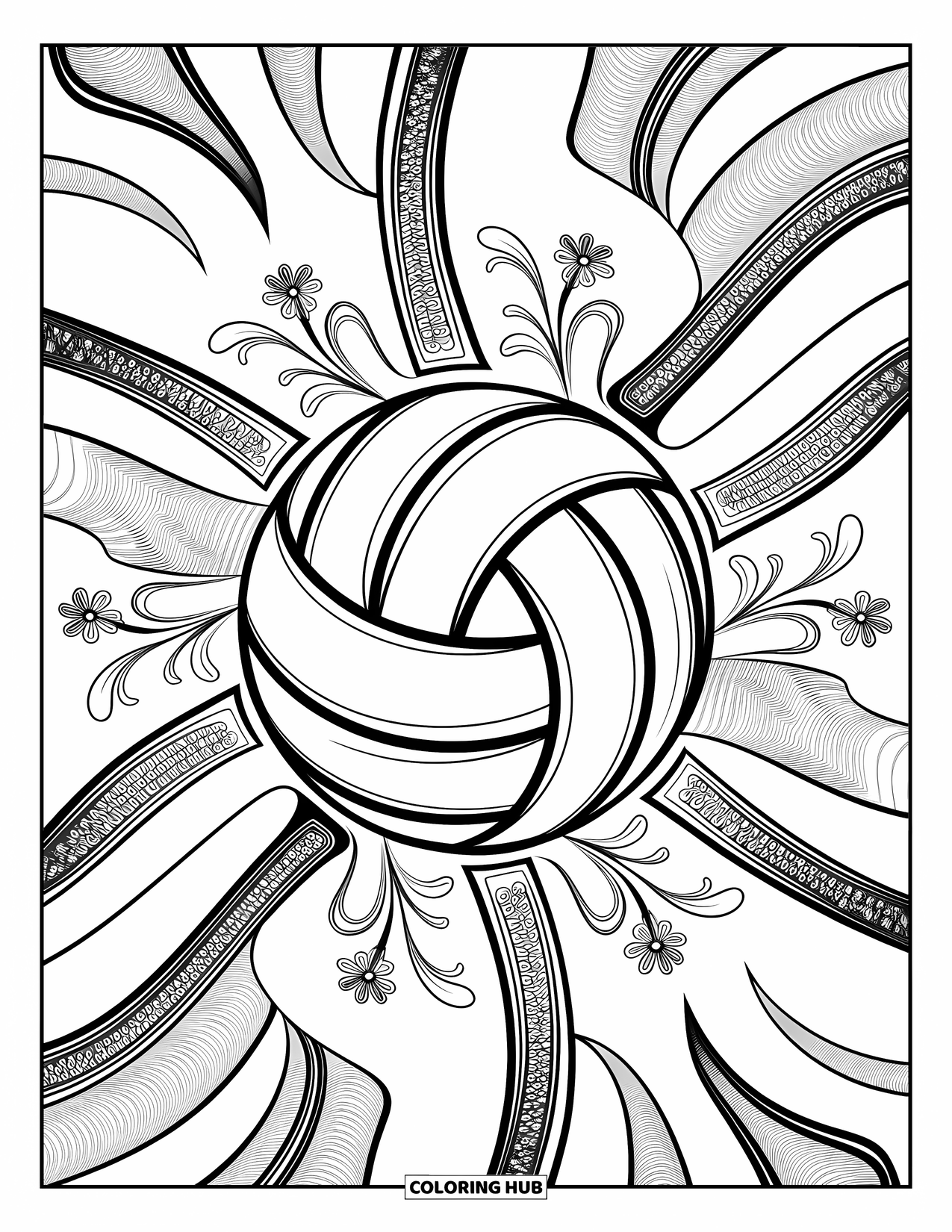 Volleyball Coloring Page for Adults: Intricately patterned volleyball framed by abstract swirls and decorative floral edges