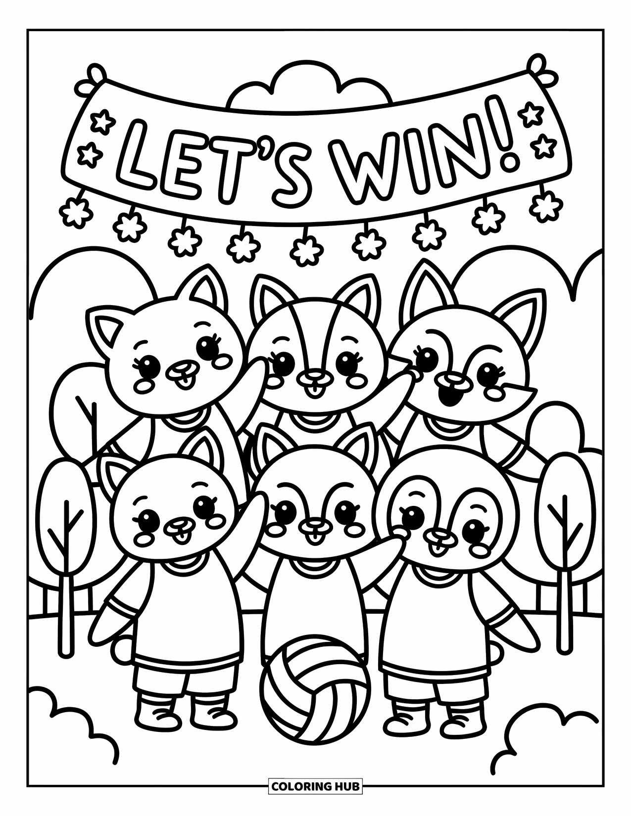 Volleyball Coloring Page for Adults: Joyful animal team huddles around a volleyball under a "Let's Win!" banner with stars