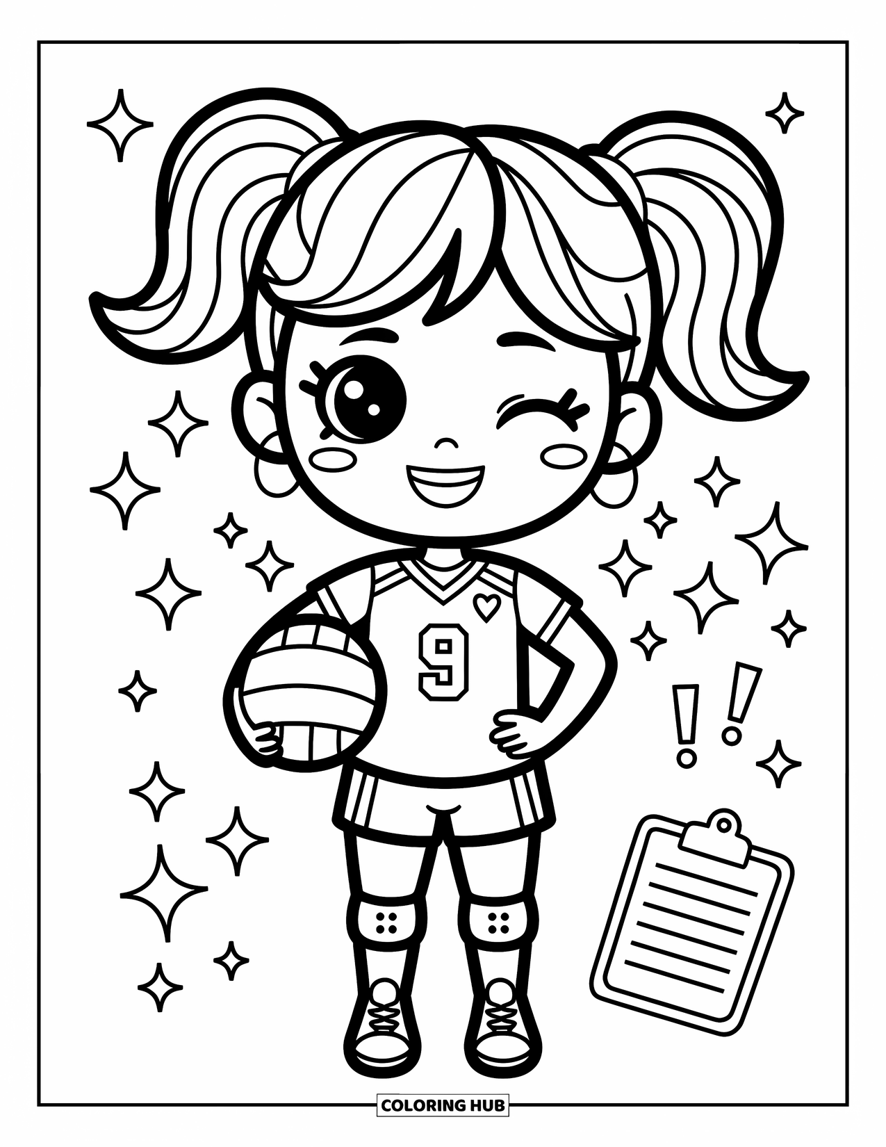 Volleyball Coloring Page for Adults: Playful chibi girl with pigtails holds a volleyball and winks, surrounded by sparkles and doodles