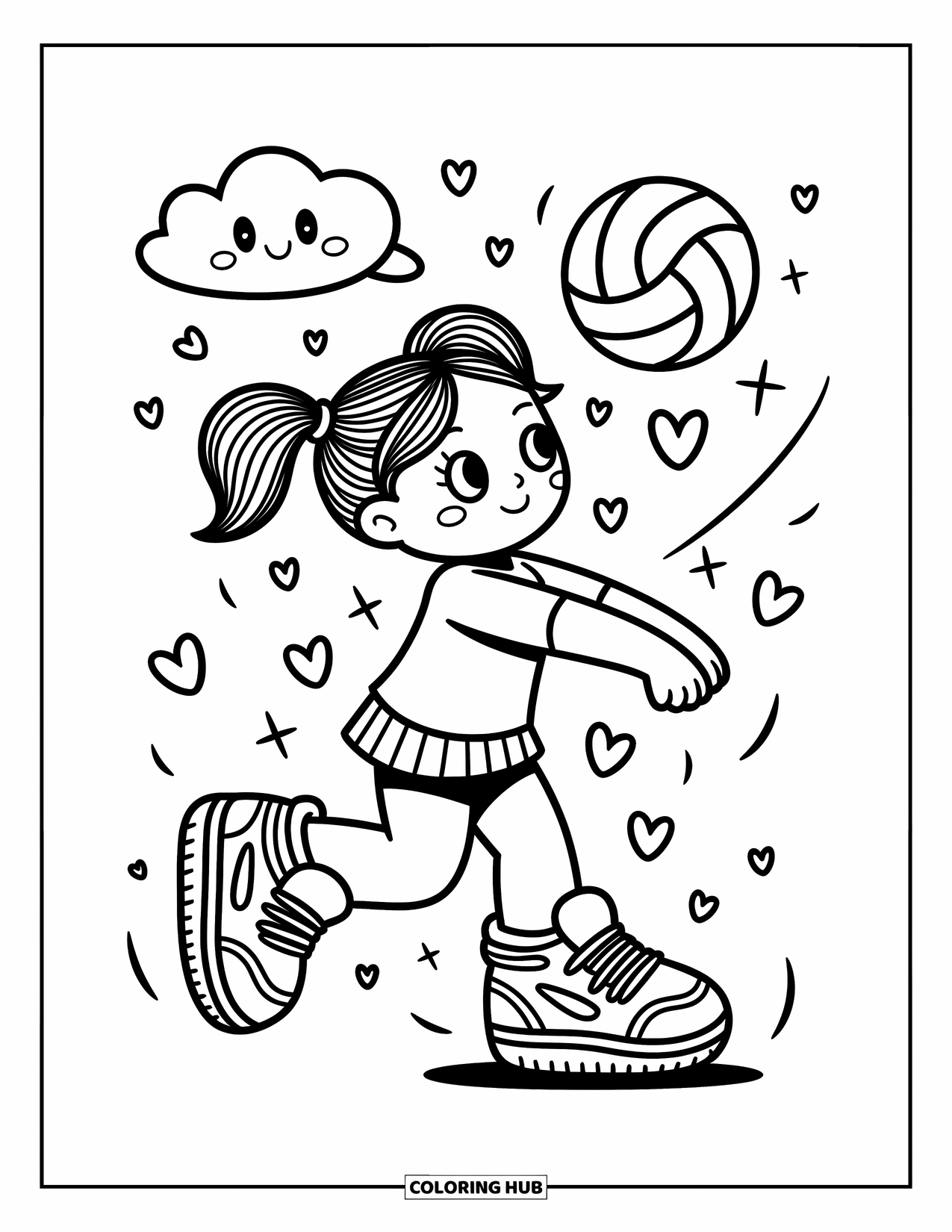 Volleyball Coloring Page for Adults: Smiling girl serves volleyball with a cheerful ball and breezy cloud floating nearby