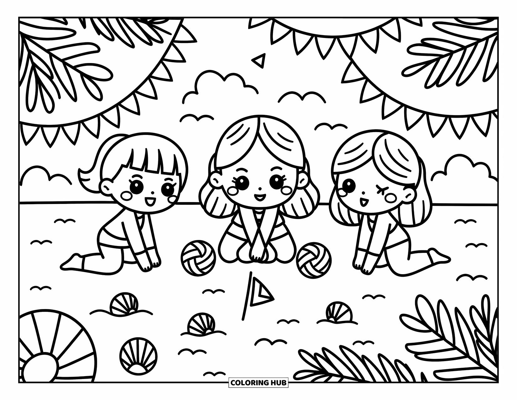Volleyball Coloring Page for Adults: Three volleyball players show playful expressions on a beach with seashells and tiny flags