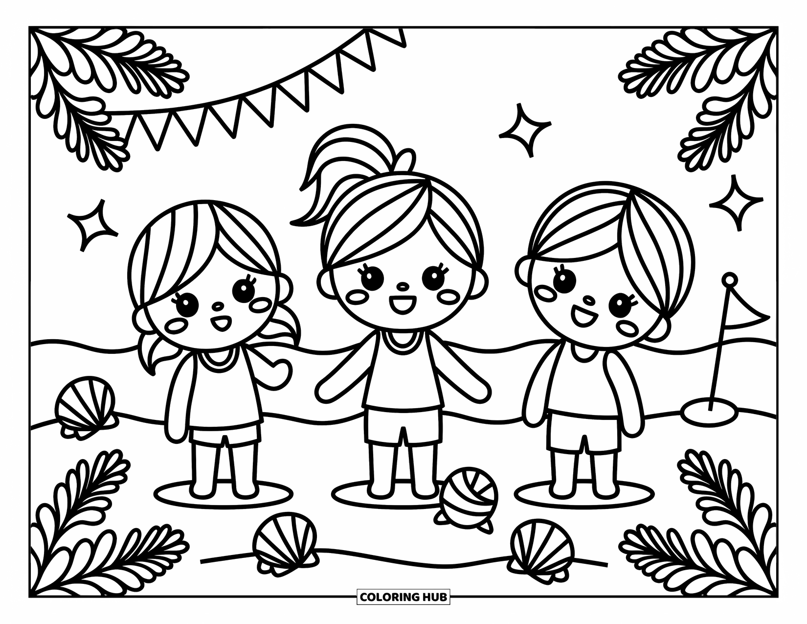 Volleyball Coloring Page for Adults: Three volleyball players with fun expressions play on a beach filled with seashells and flags