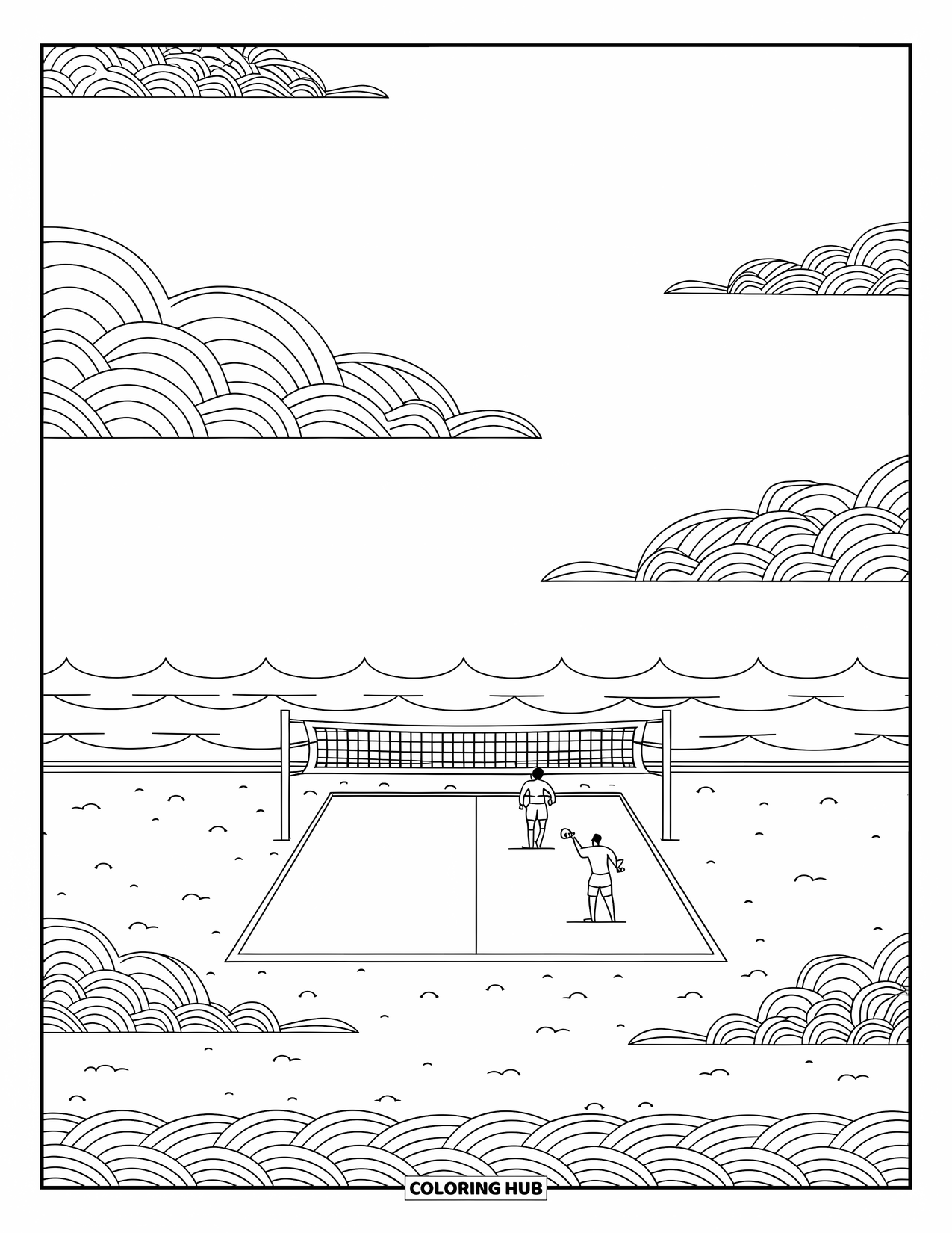 Volleyball Coloring Page for Adults: Two players face off on a calm beach court with waves and soft layered clouds