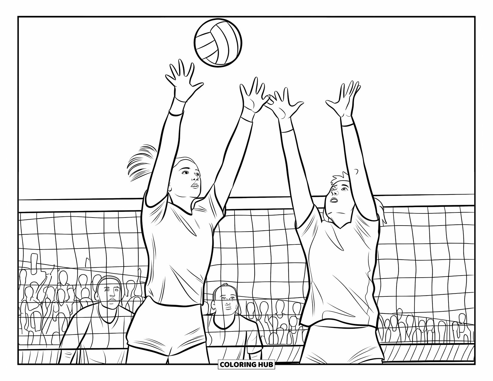 Volleyball Coloring Page for Adults: Two players leap at the net to block a spike during a volleyball match