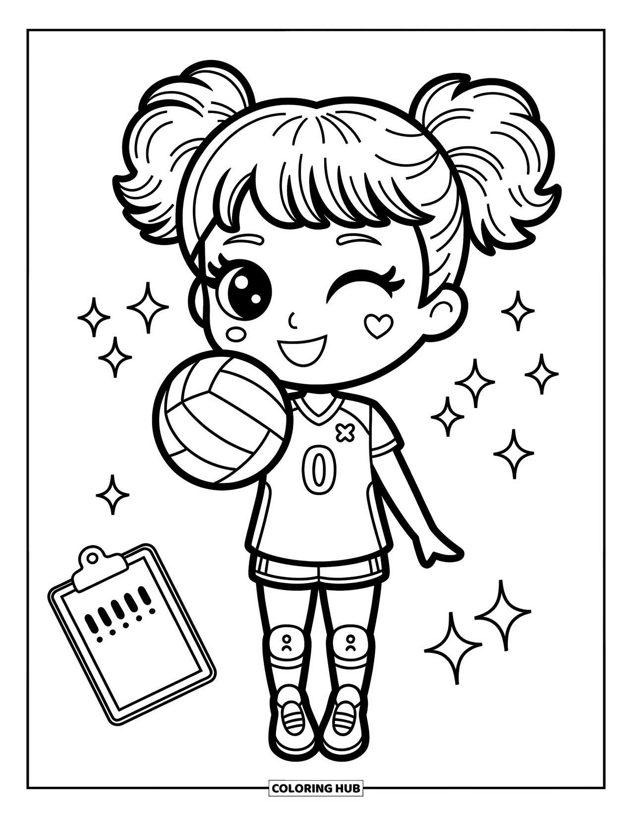 Volleyball Coloring Page for Adults: Winking chibi girl holds a volleyball as sparkles, stars, and doodles float around