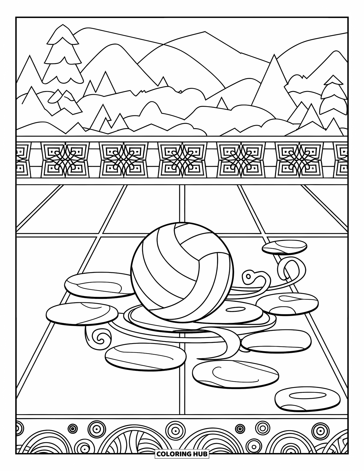 Volleyball Coloring Page for Adults: Zen-themed court with a volleyball, curling vines, and peaceful scenery all around