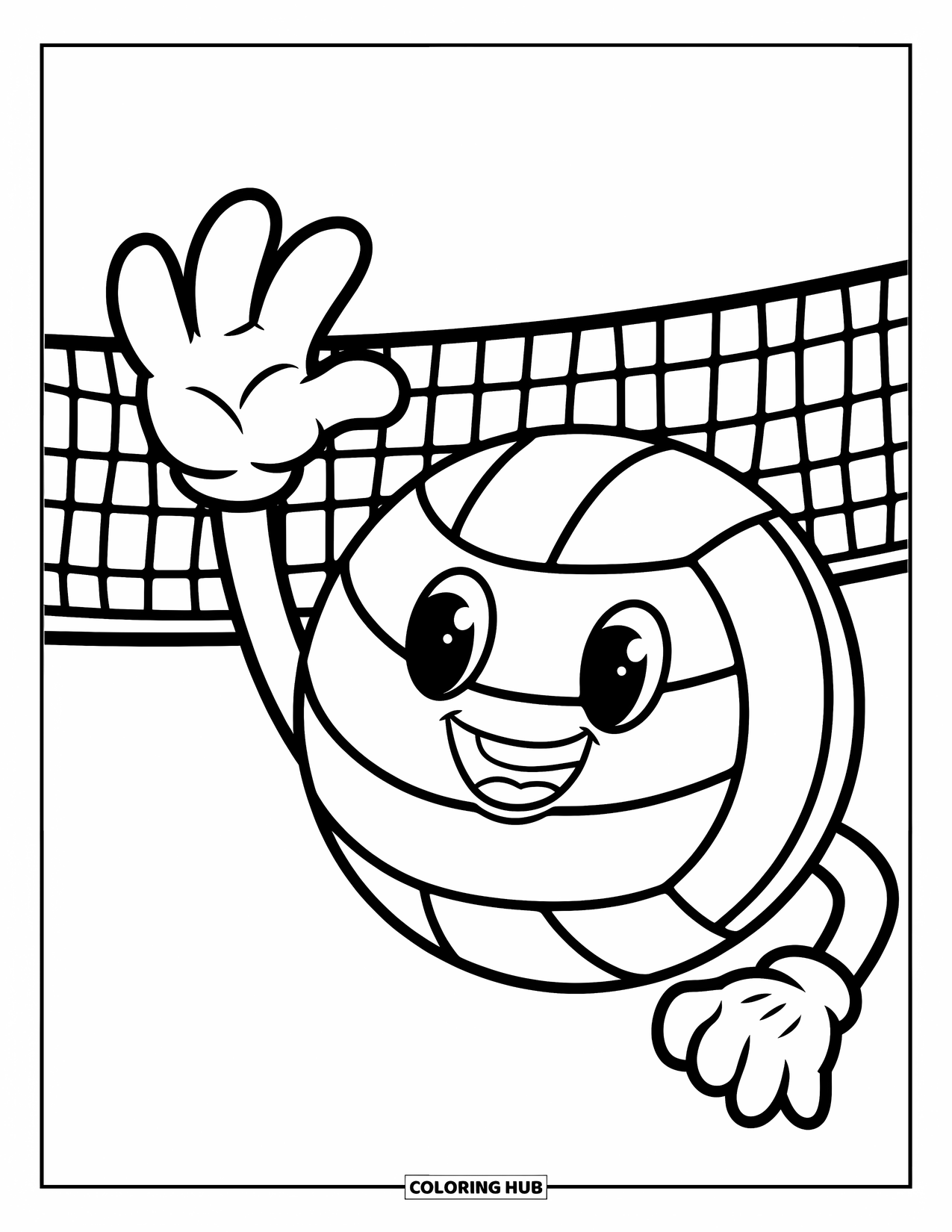 Volleyball Coloring Page for Kids: A cheerful volleyball character waves happily with a net behind