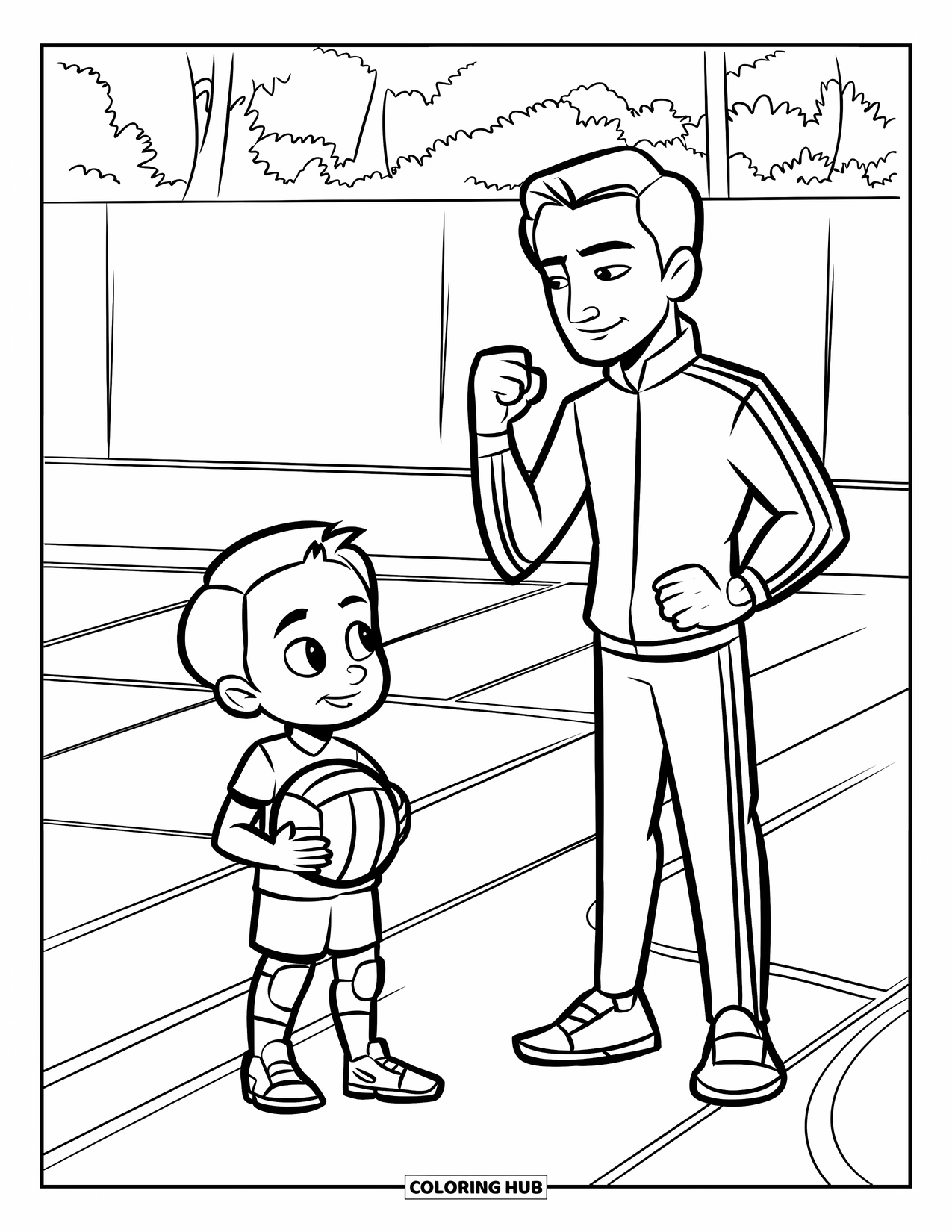 Volleyball Coloring Page for Kids: A child with a volleyball stands near a coach giving a pep talk on the court