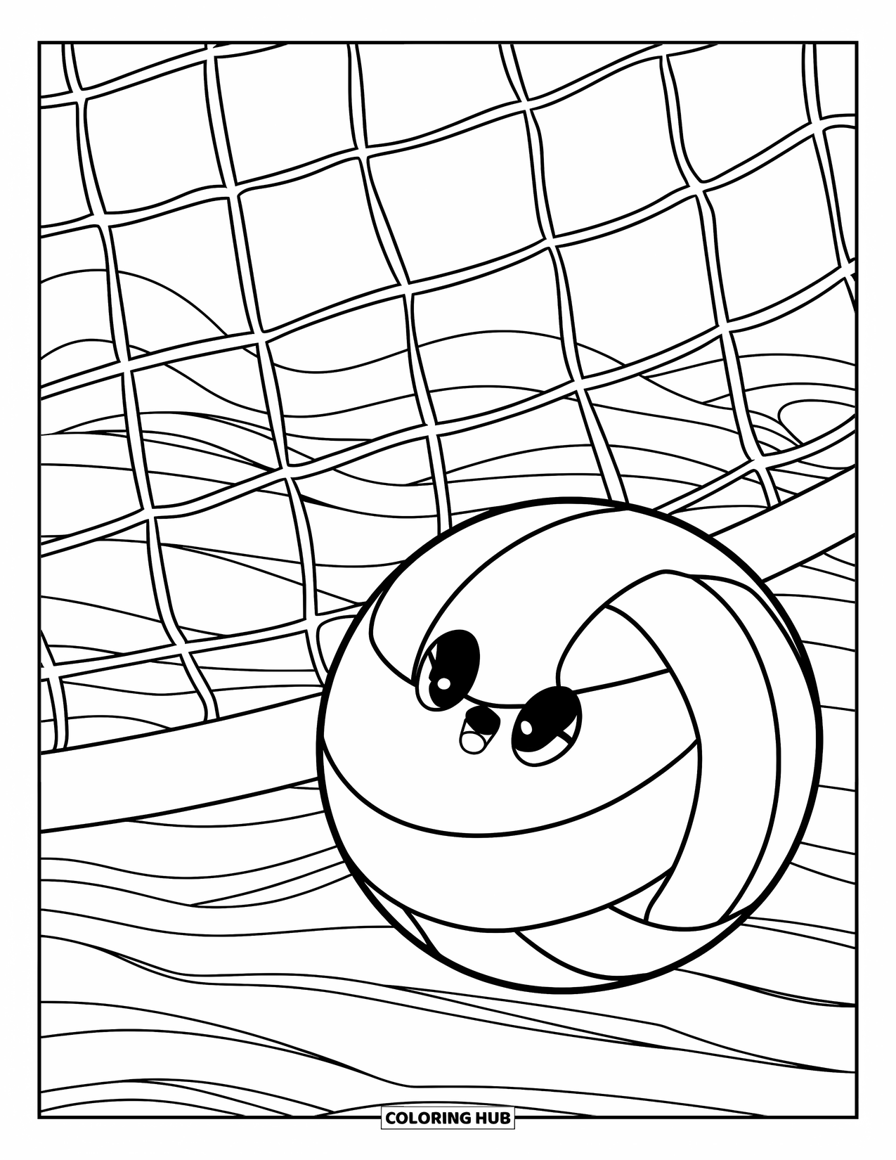 Volleyball Coloring Page for Kids: A cute volleyball sits beside a net as soft waves move in the distance