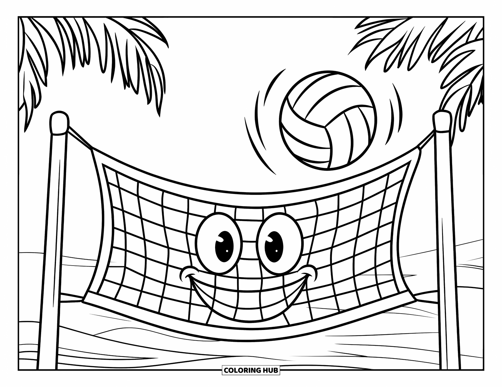Volleyball Coloring Page for Kids: A happy-faced net stands on a beach as a volleyball heads its way