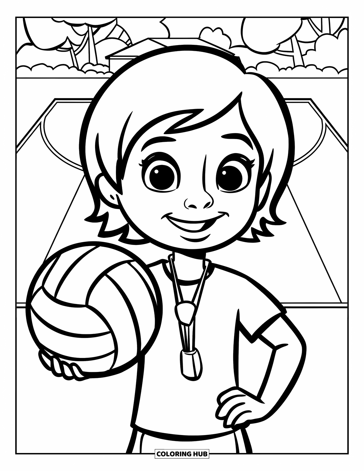 Volleyball Coloring Page for Kids: A kid stands on a volleyball court holding a ball, with trees and a building nearby