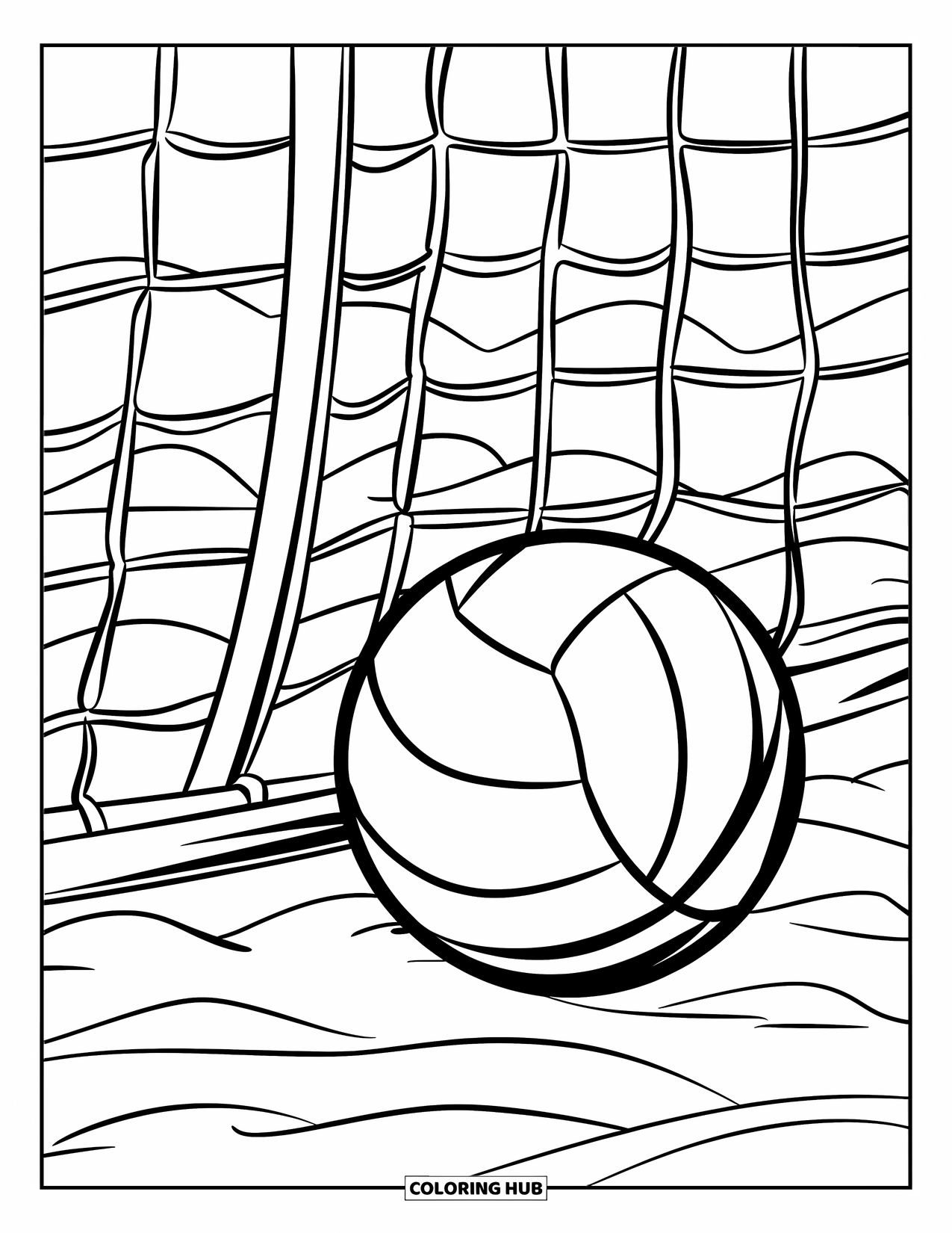 Volleyball Coloring Page for Kids: A peaceful volleyball scene with a ball near the net and waves behind it