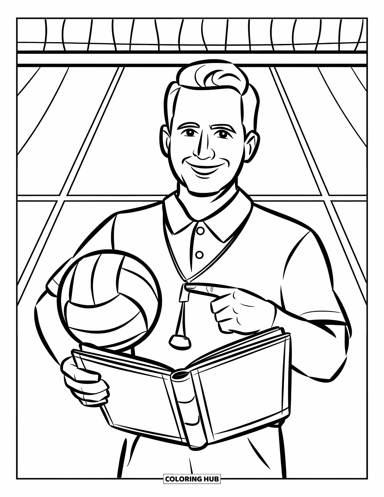 Volleyball Coloring Page for Kids: A smiling coach holds a volleyball and points at a playbook on the court