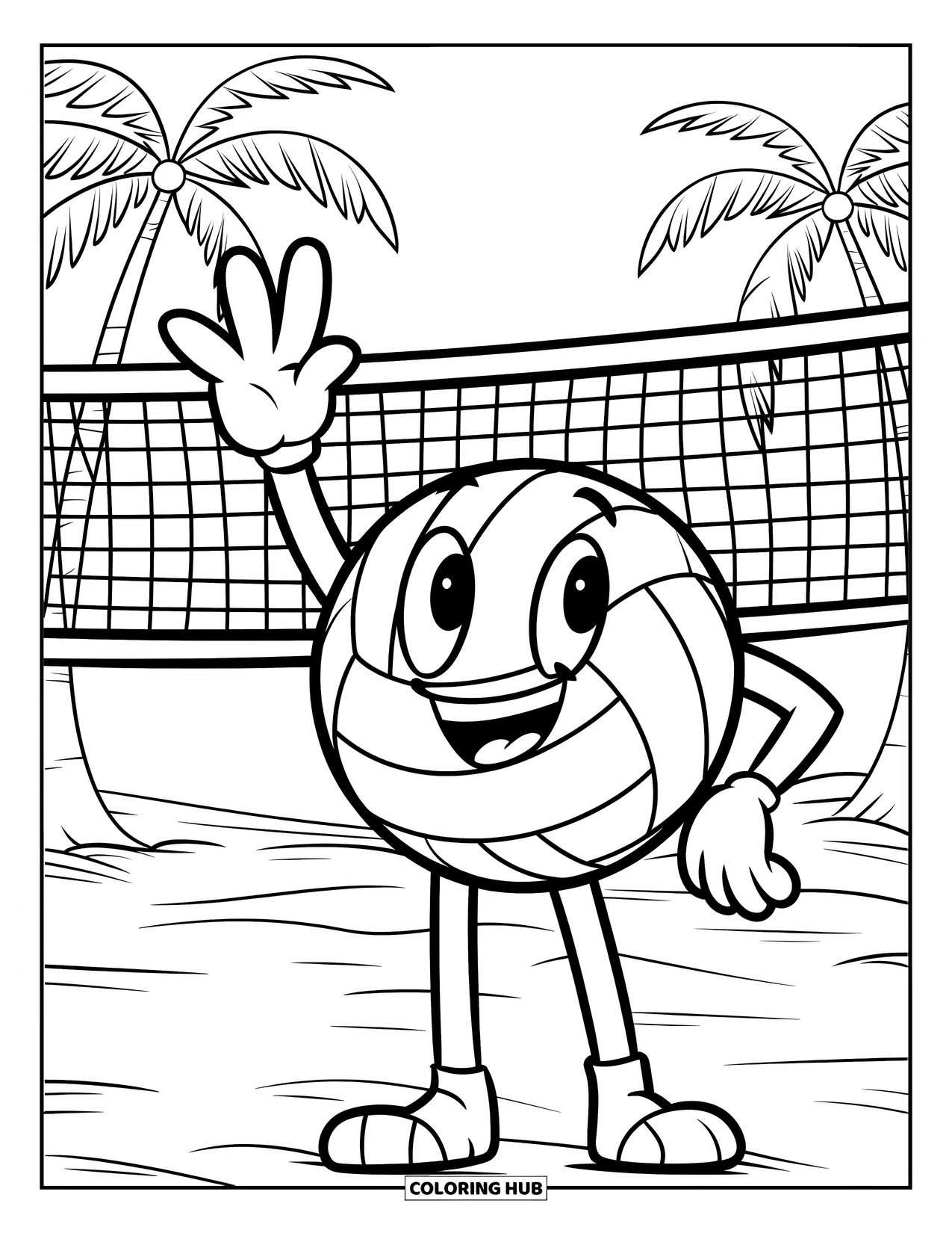 Volleyball Coloring Page for Kids: A smiling volleyball character waves by the net on a beach with palm trees