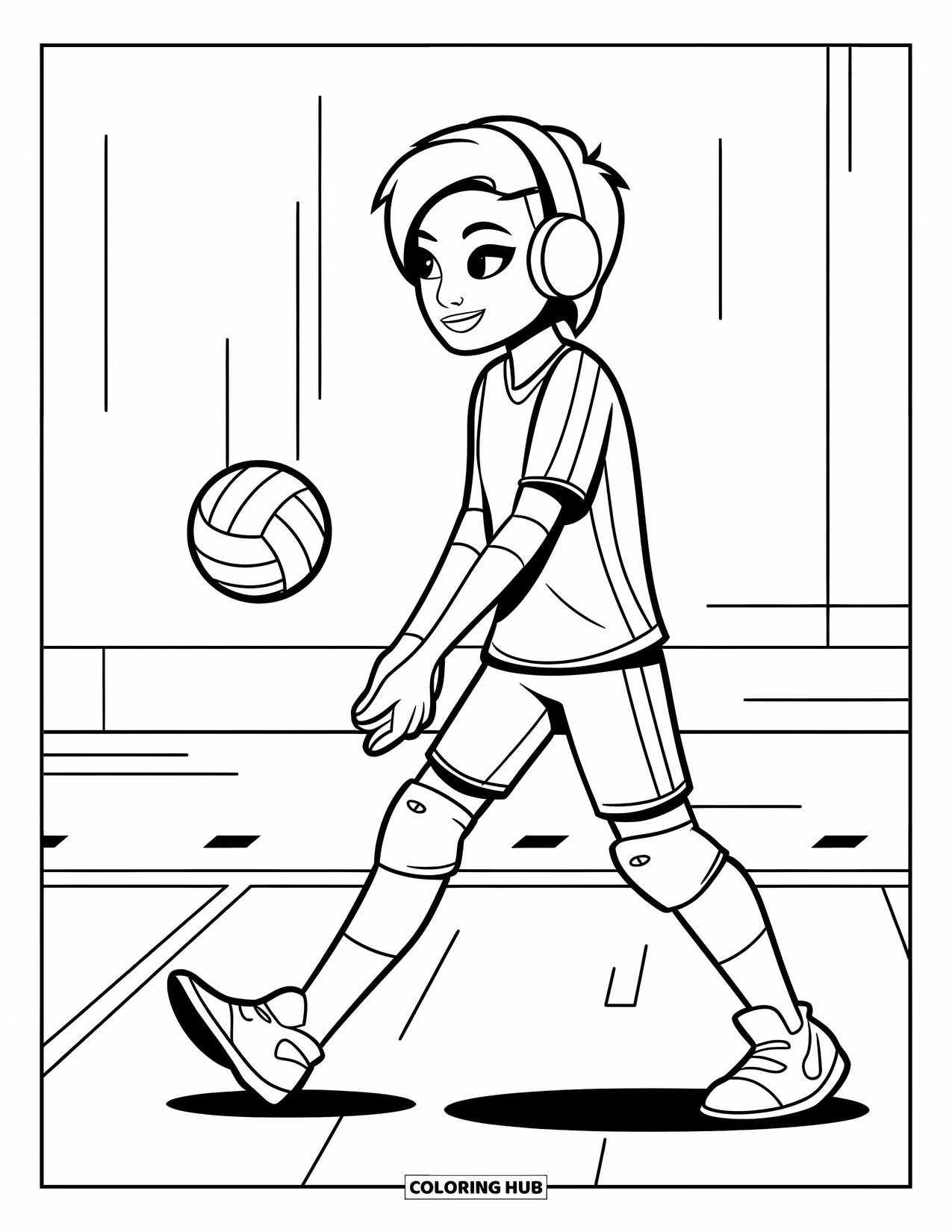 Volleyball Coloring Page for Kids: A teen walks onto the court with headphones and a volleyball in hand