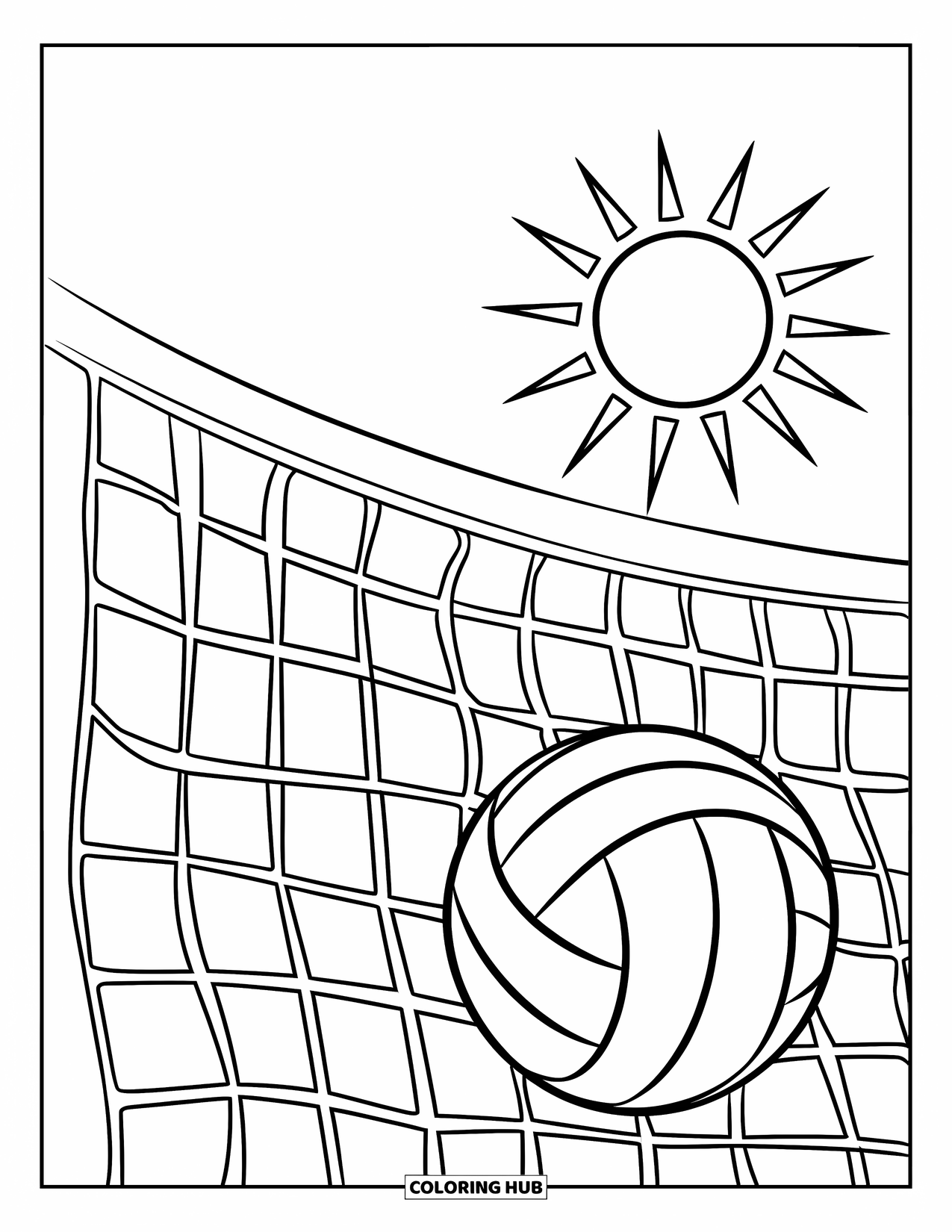 Volleyball Coloring Page for Kids: A volleyball and net rest under a rising sun peeking over the horizon