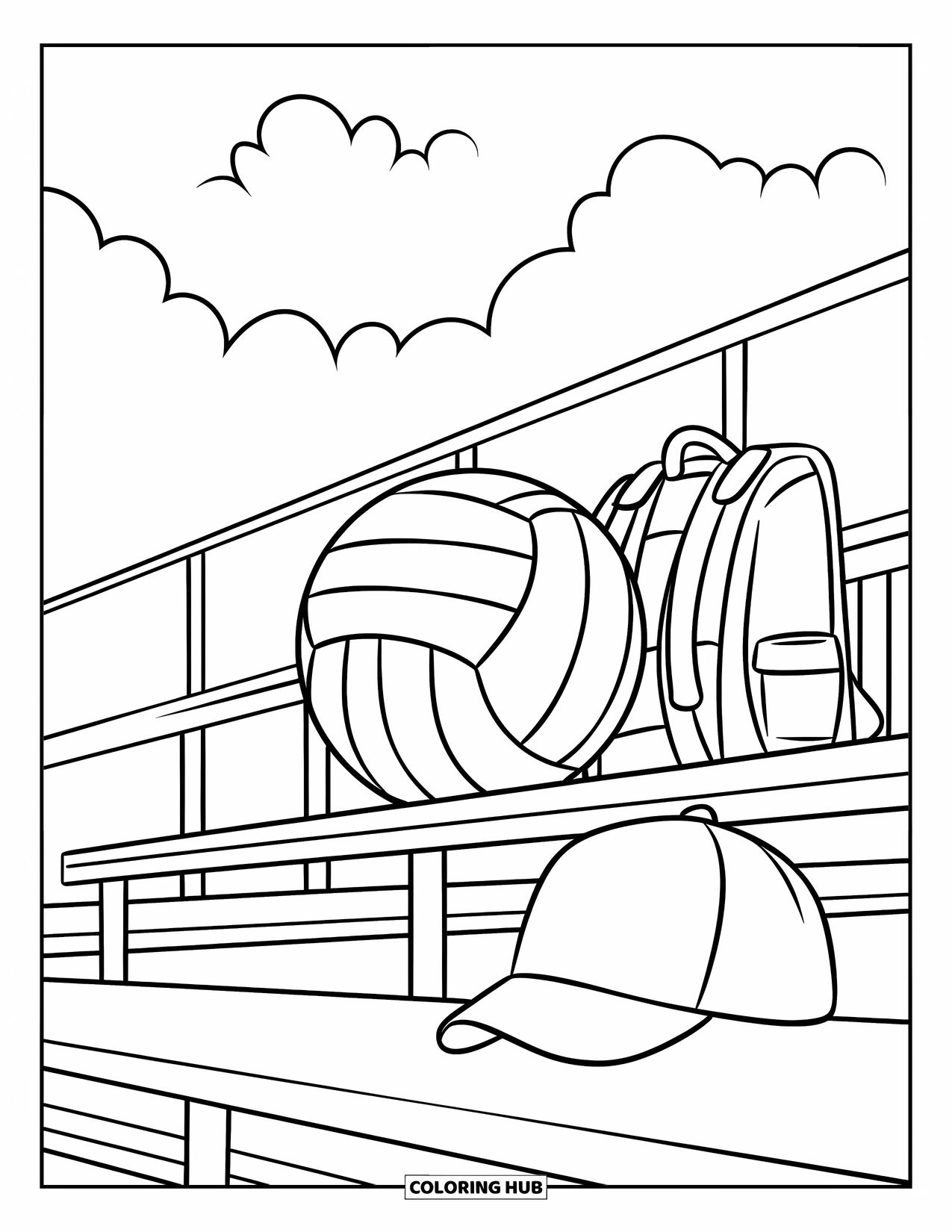 Volleyball Coloring Page for Kids: A volleyball, backpack, and cap rest on bleachers under a sky with fluffy clouds