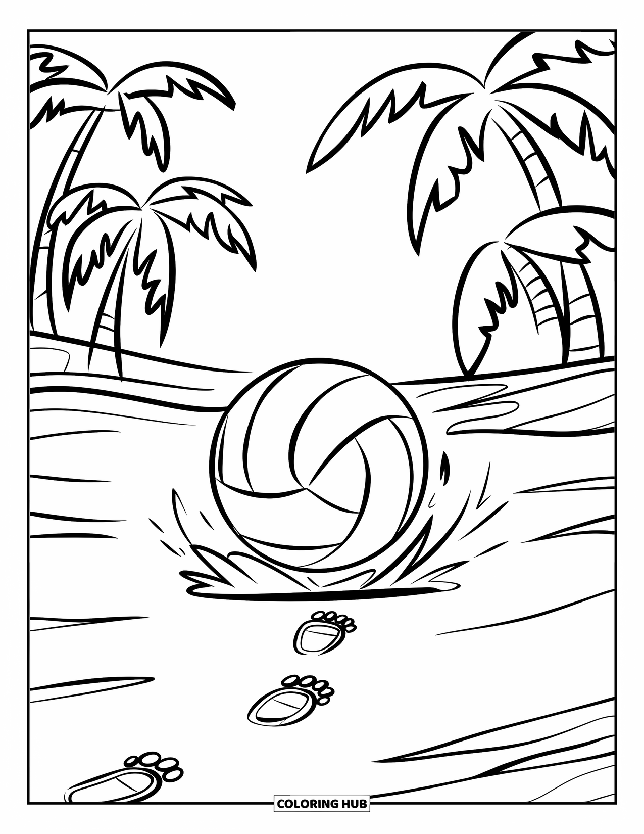 Volleyball Coloring Page for Kids: A volleyball bounces on the sand, with footprints leading away