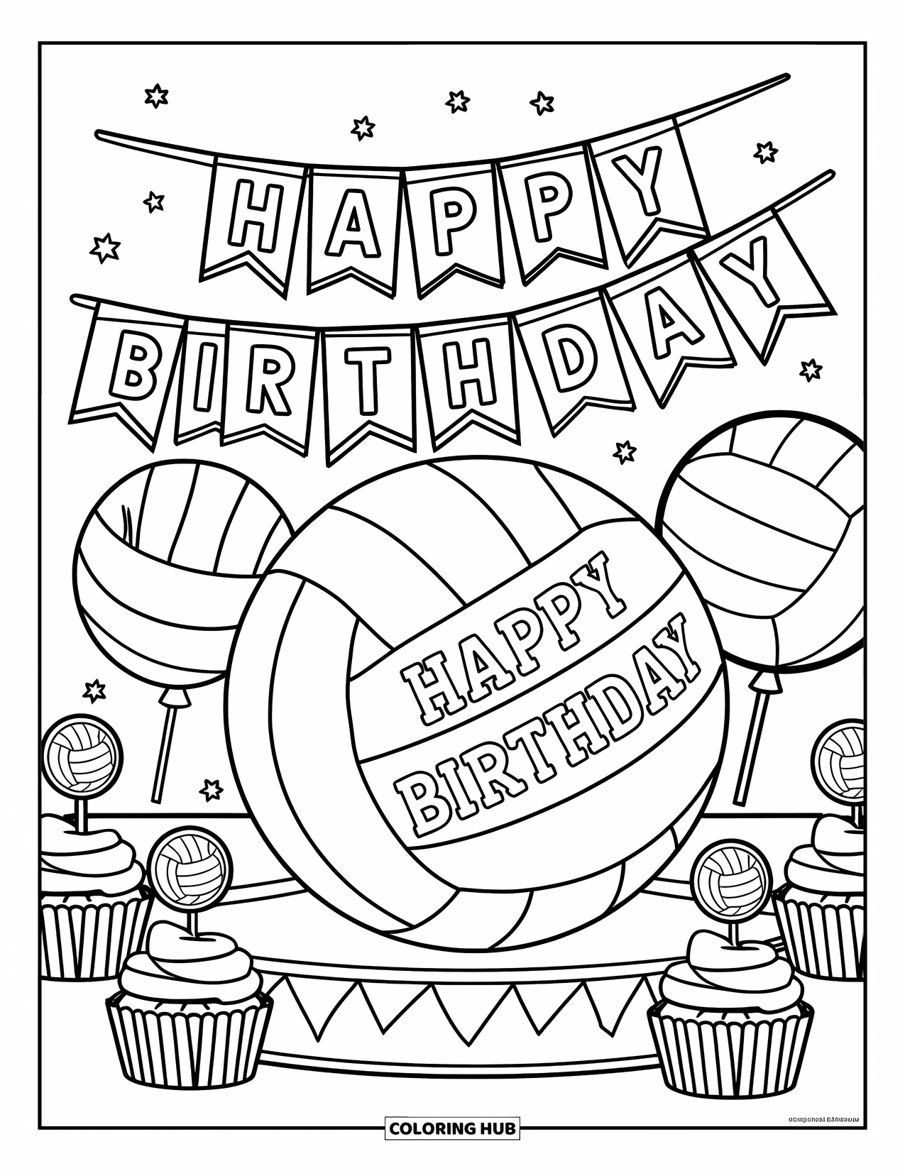 Volleyball Coloring Page for Kids: A volleyball party scene with balloons, cupcakes, and a big "Happy Birthday" message