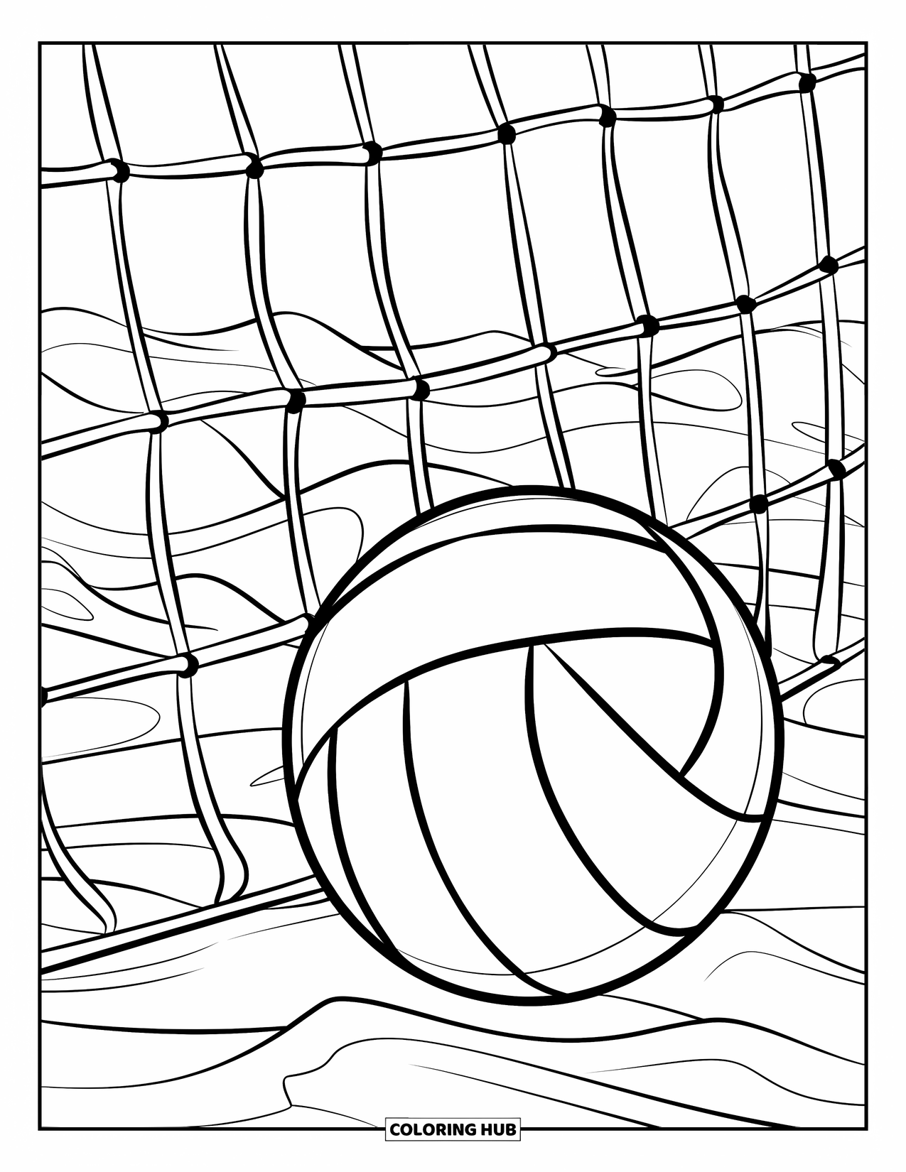Volleyball Coloring Page for Kids: A volleyball rests by a large net with gentle waves in the background