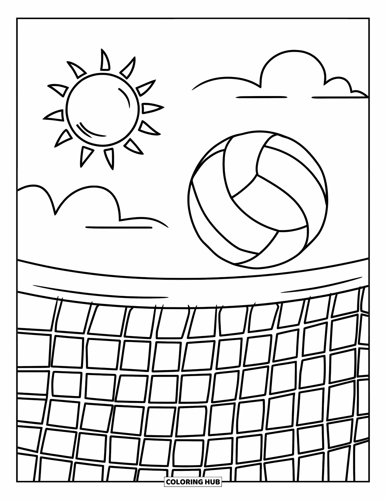 Volleyball Coloring Page for Kids: A volleyball sits under a net while the sun peeks through clouds in a clear sky