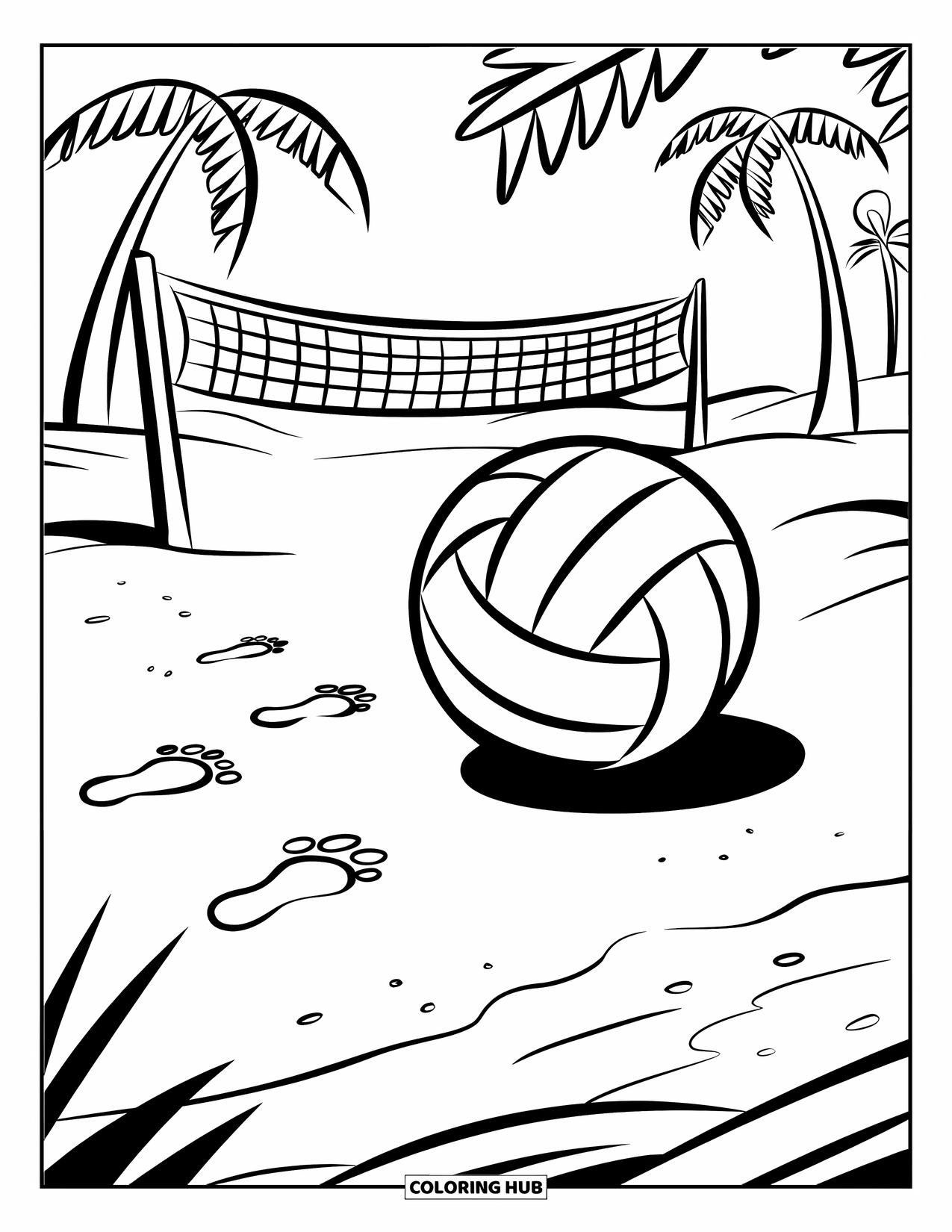 Volleyball Coloring Page for Kids: Footprints trail away from a volleyball resting on the sandy court