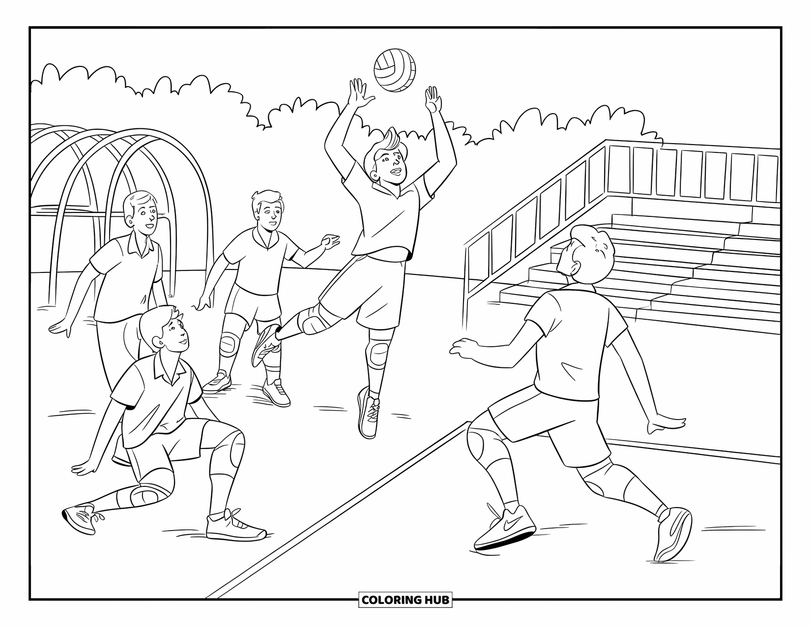 Volleyball Coloring Page for Kids: One team jumps to spike while the other defends on a busy school playground