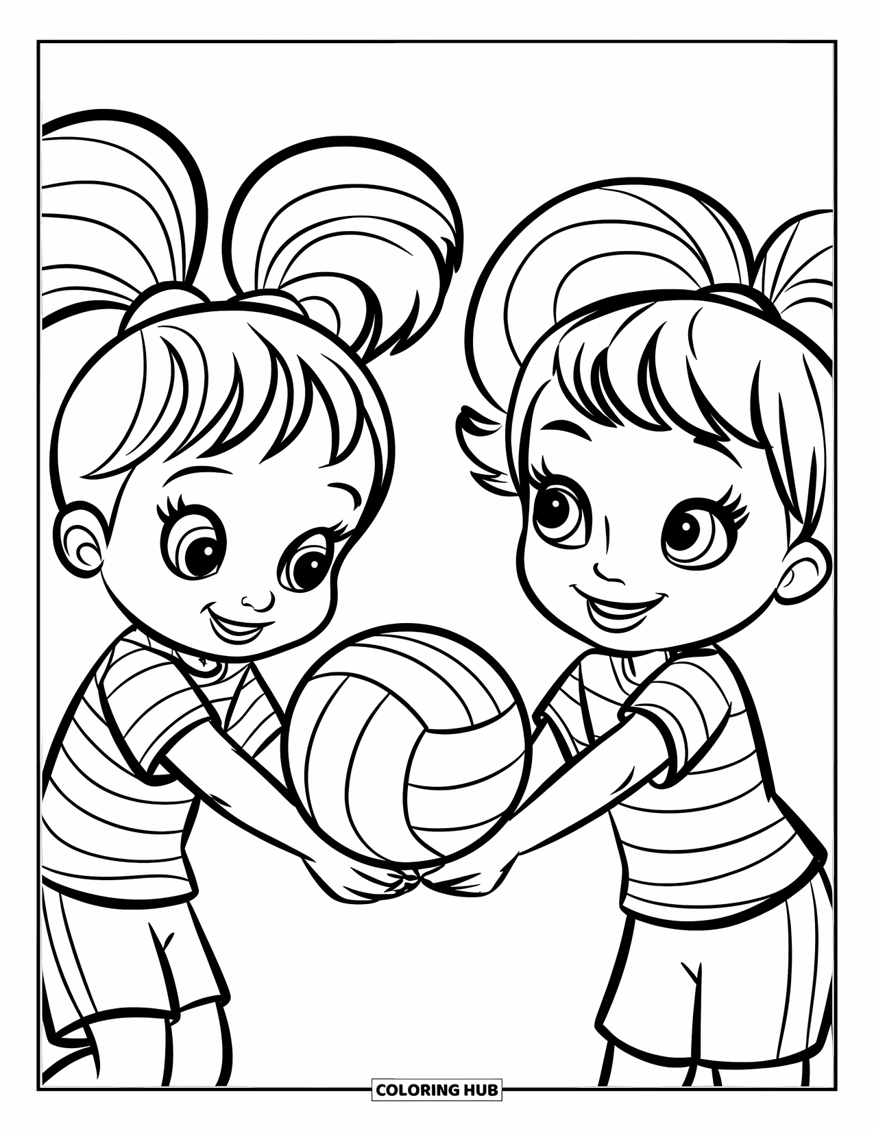 Volleyball Coloring Page for Kids: Round-faced kids toss a volleyball with big smiles on a clean, open court