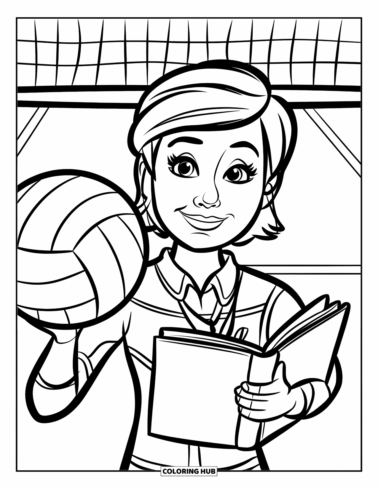 Volleyball Coloring Page for Kids: The coach smiles while pointing at a playbook, holding a volleyball on the court
