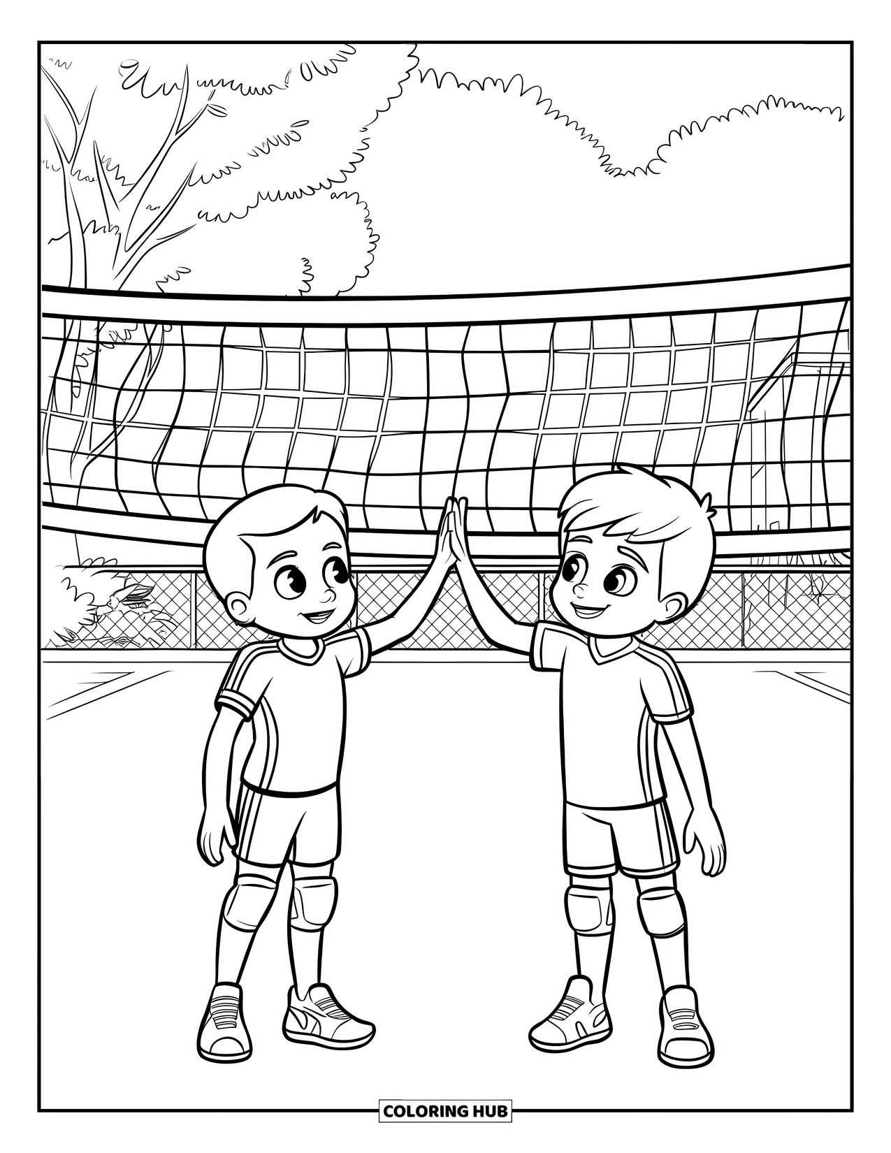 Volleyball Coloring Page for Kids: Two kids in matching jerseys high-five near the net with trees and a fence behind