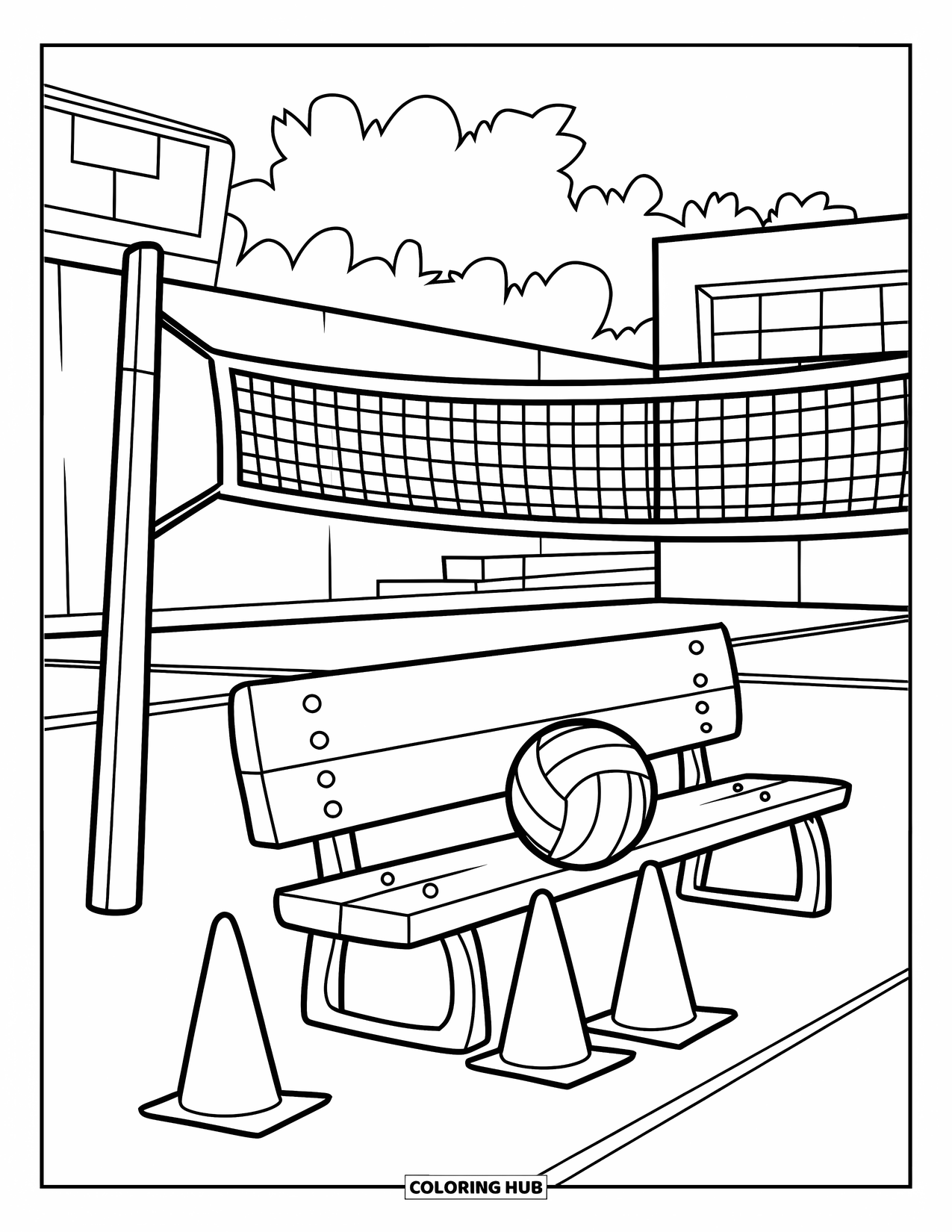 Volleyball Coloring Page for Kids: Water bottles and cones rest by a court with a net and a nearby building