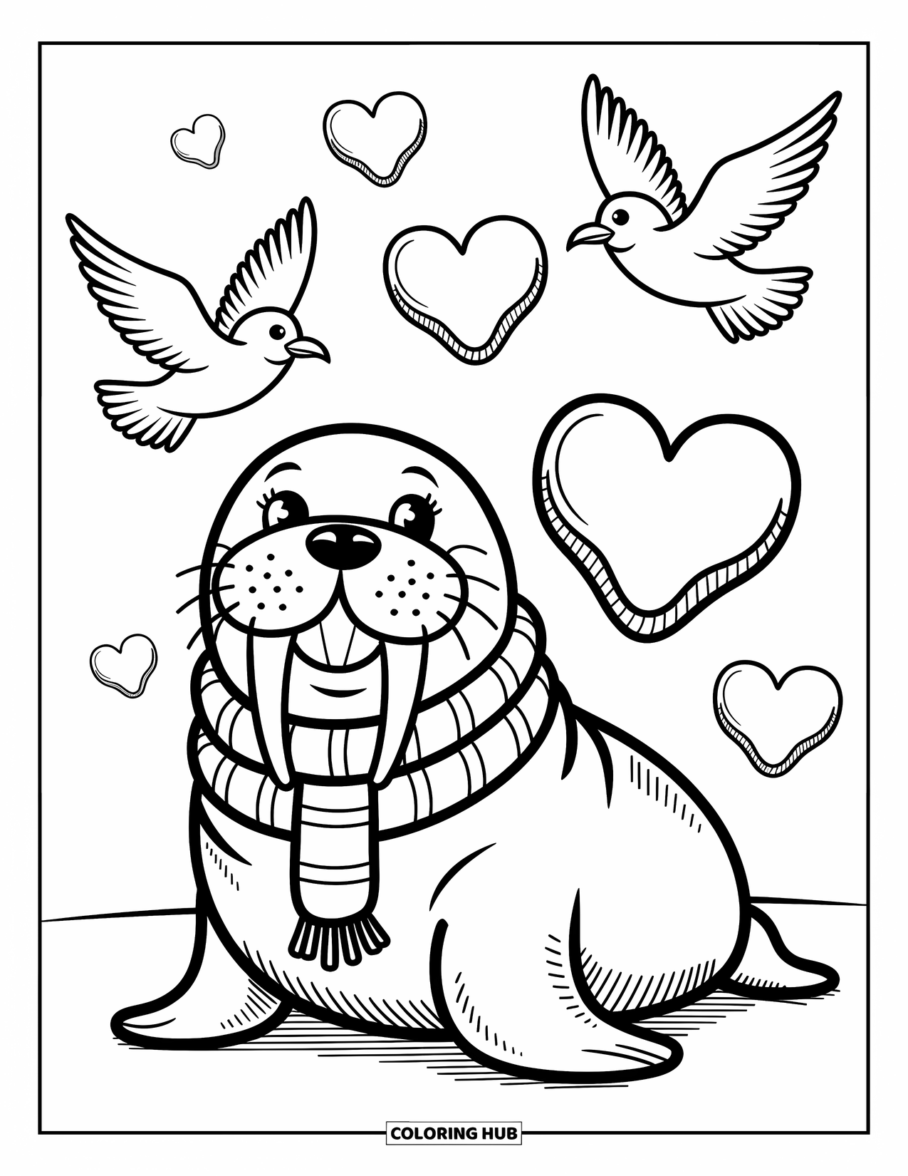 Walrus Coloring Page for Adults: Happy walrus with scarf watches floating hearts and circling seagulls