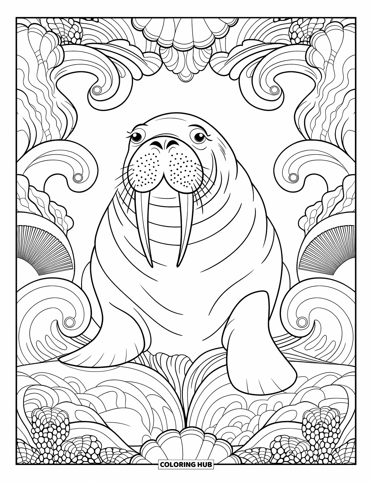 Walrus Coloring Page for Adults: Majestic walrus rises through patterned waves with shells and coral