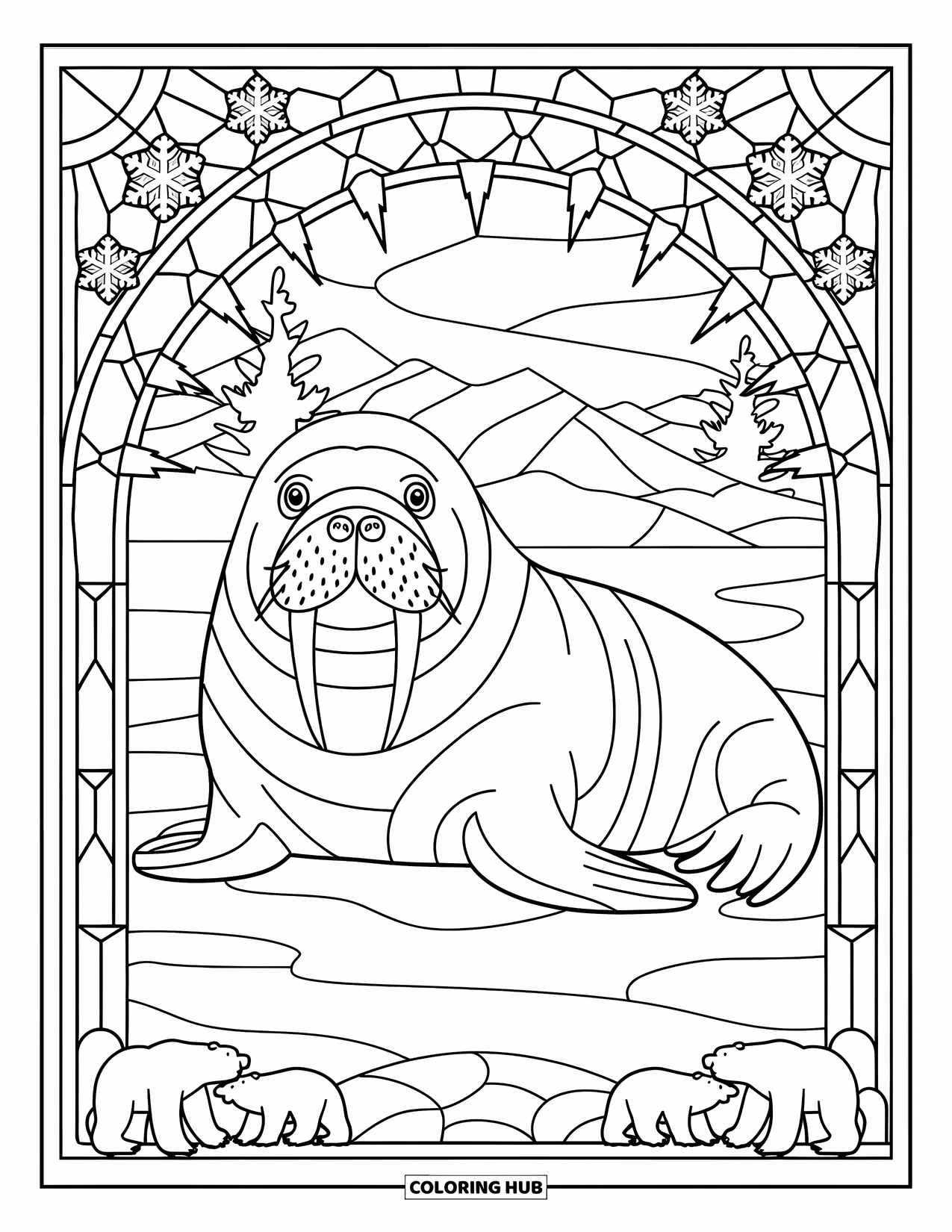 Walrus Coloring Page for Adults: Peaceful walrus lays within a stained-glass frame of snowflakes and polar bears