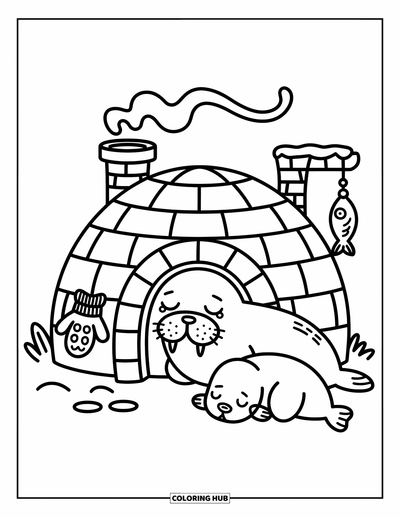Walrus Coloring Page for Adults: Sleepy walrus cuddles beside a tiny igloo with mittens and a seal pup